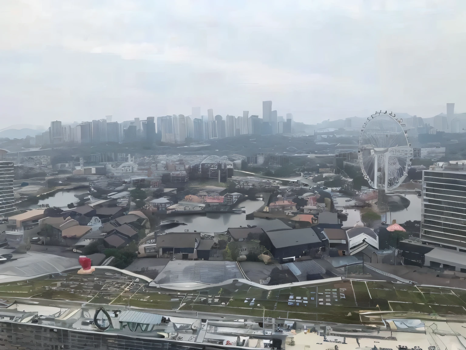 City view with Ferris wheel and Ferris wheel, 8 k''. filling of the view, shot from 5 0 feet distance, entire city in view, shenzhen, view from high, 8 k''. filling most of the view, drone view of a city, drone view, aerial footage, guangjian, Hangzhou, airborne view