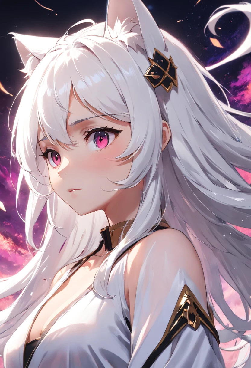 white woman, white hair, cat ears, young