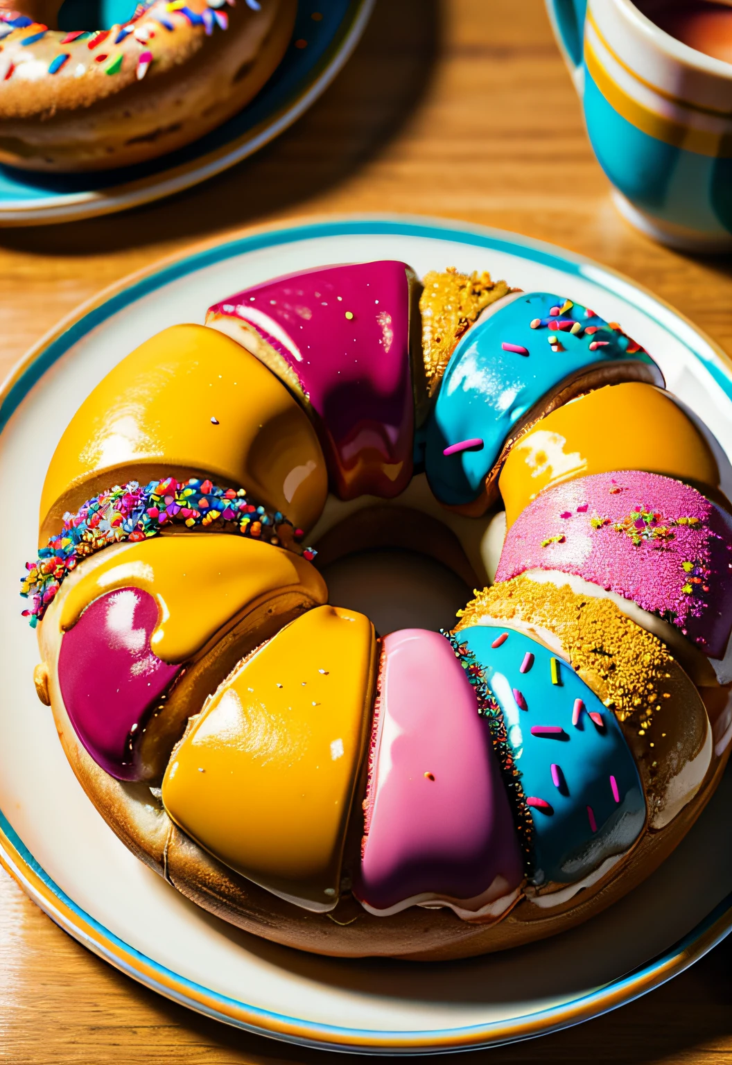 ​masterpiece、top-quality、top-quality、(Close up photo of colorful donuts on artistic plate)、ighly detailed、colourfull、highestdetailed