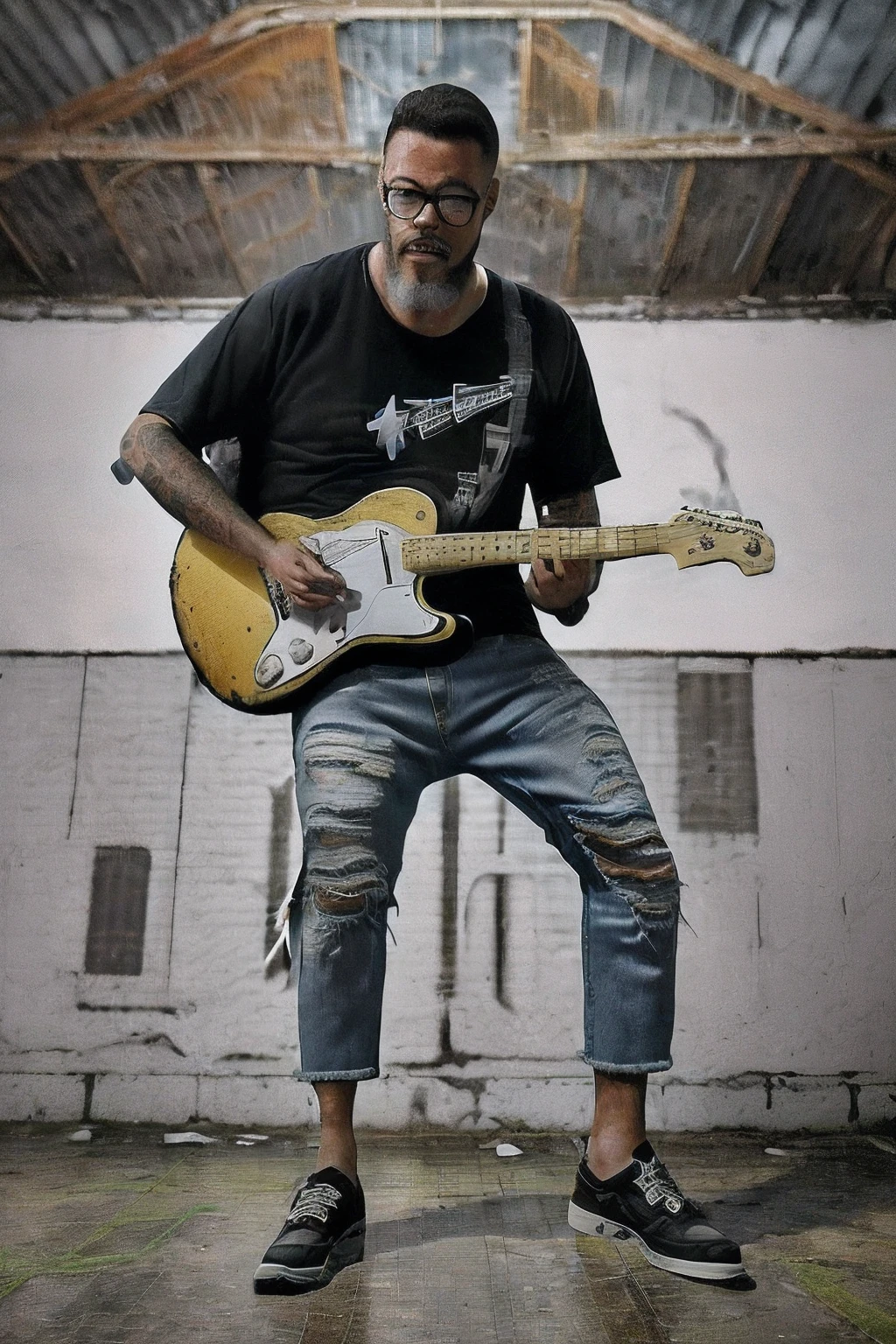 guttocyber1, retrato de um homem de oculos, vestindo (((camisa rasgada))), (((ripped jeans))), ((((Tocando guitarra Fender))) hyper detalhada, hyper realista, dentro de uma igreja abandonada, vitrais quebrados, (((Atmosfera pesada))) with smoke