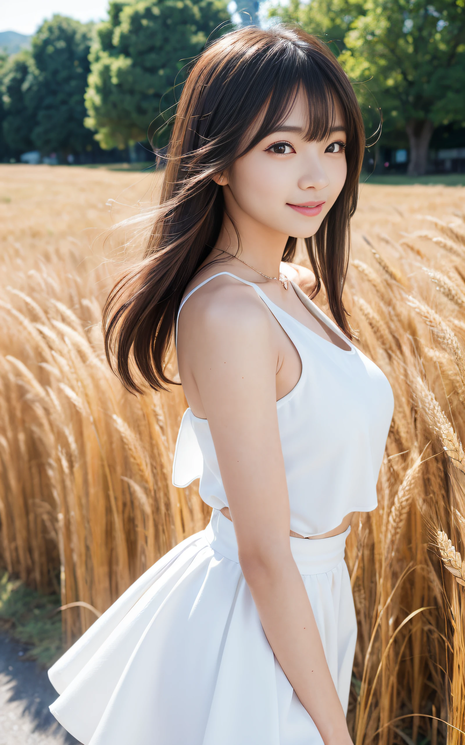 ((Best Quality, 8K, masutepiece: 1.3)), (Sharp Focus: 1.2), Rustic farm with rolling fields of golden wheat, 1 girl, Full body, Put your hands behind your back, stunning elegant pose,Neat and clean beauty, 20 years old, Half Japan and half American, Looking away, Classy and elegant, A pretty girl with perfect figure, shyly smile, Cute, Shy, ((Shoulder-length straight hair swaying in the wind, Bangs)), Big breasts, (Tank top: 1.1), Skirt, Highly detailed face and skin texture, Detailed eyes, Background bokeh,