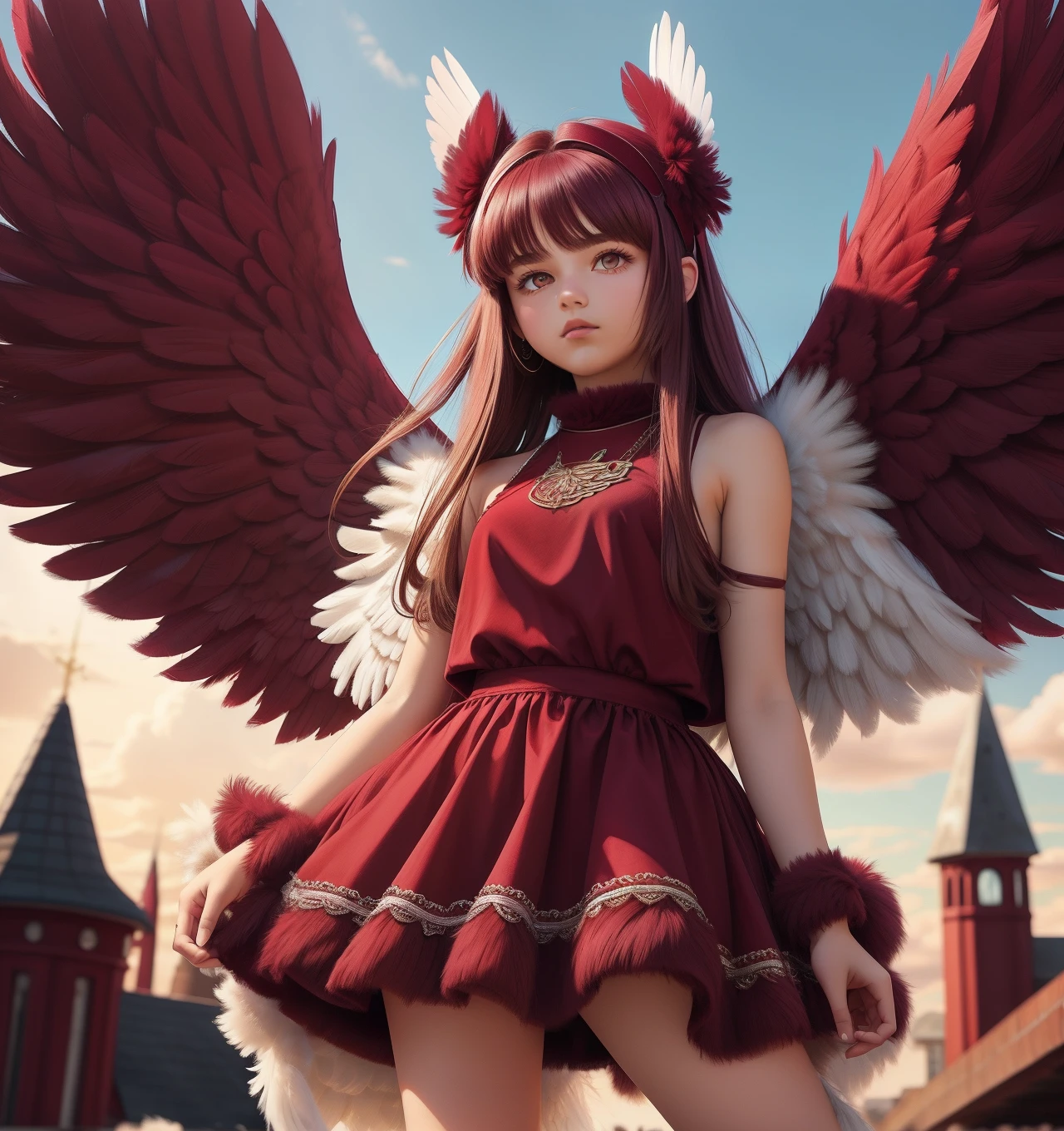 FurryStyle Maroon  girl wearing a pair of oversized feathered angel wings