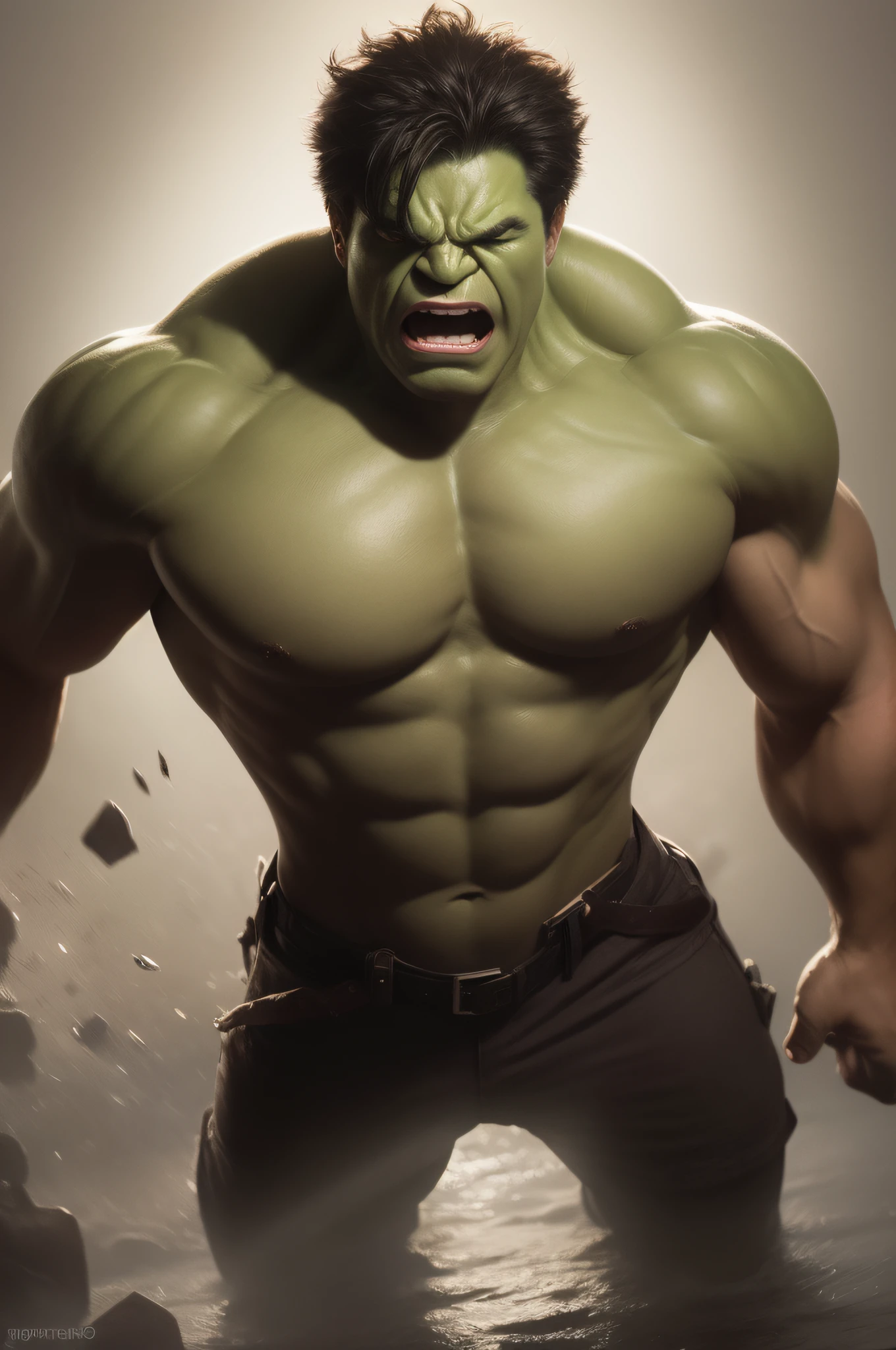 Full body shot of the Hulk in Marvel Comics, Angry expression! nice and perfect face，Soft skin, Beautiful, mature and perfect face, Concept art portrait by Greg rutkowski, Art germ, Ultra-detailed intricate artistic trends in ArtStation ternary colors, Fantastical, intricately details, Splash screen, Complementary colors, fantasy concept art, 8K resolution, Deviantart's masterpiece, Oil painting, Heavy strokes, in frame, Centered