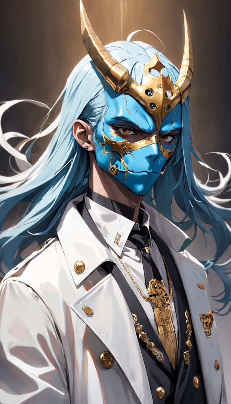 Un hombre con cabello largo azul,with a white streetwear-style trench coat with silver details and a gold devil mask,Estilo Darkwave,retrato de medio cuerpo,centrado