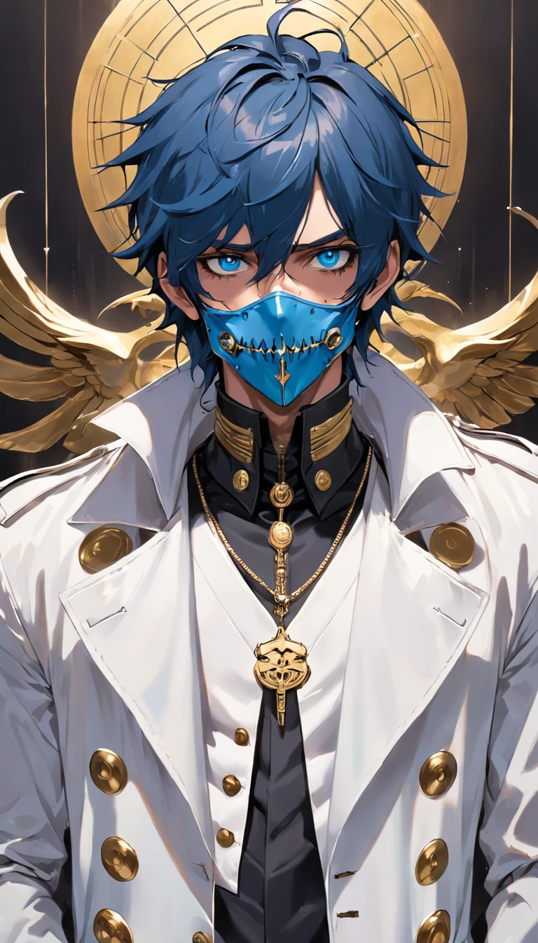 Un hombre con cabello largo azul,with a white streetwear-style trench coat with silver details and a gold devil mask,Estilo Darkwave,retrato de medio cuerpo,centrado