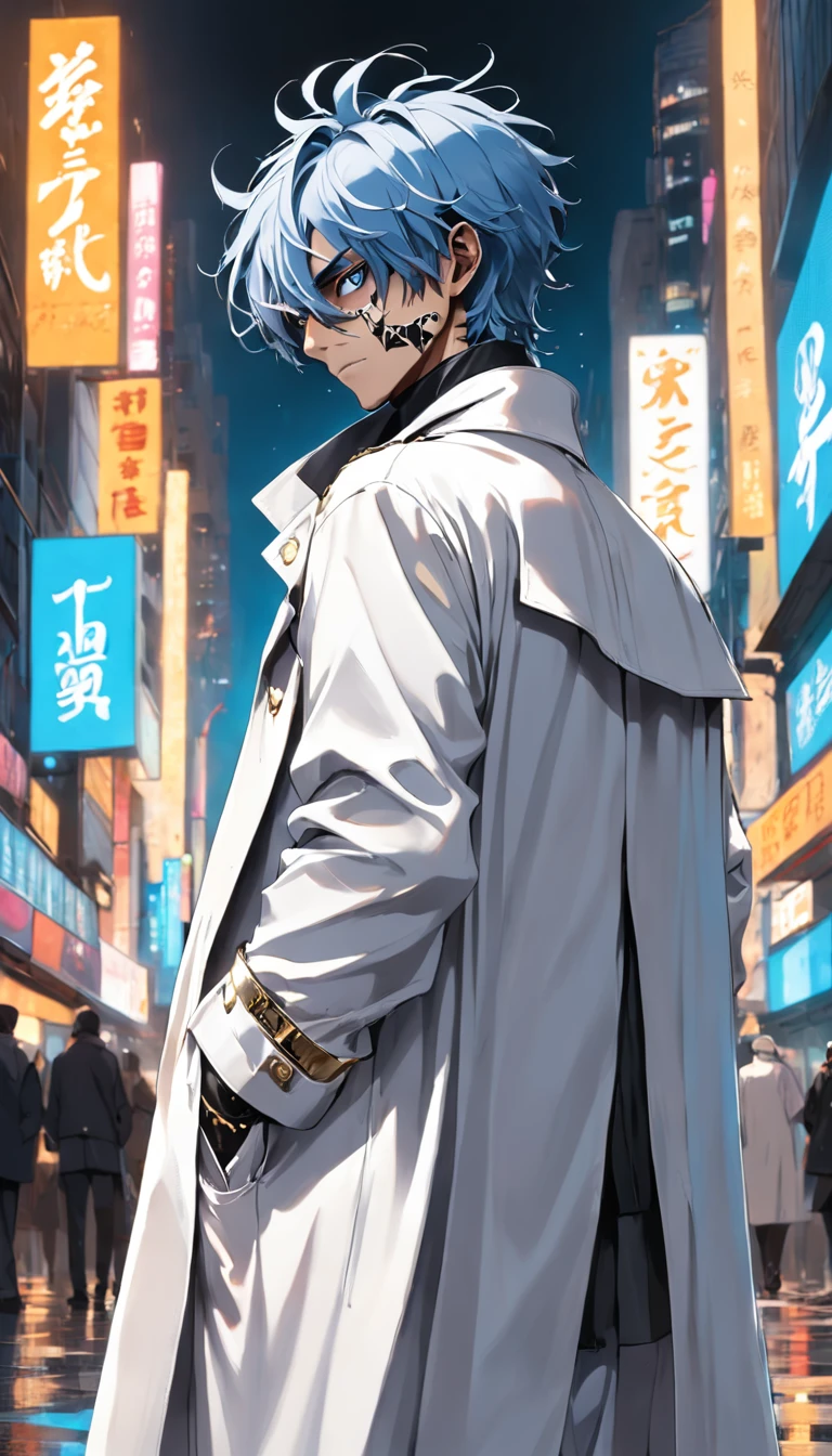 Un hombre con cabello largo azul,with a white streetwear-style trench coat with silver details and a gold devil mask,Estilo Darkwave,retrato de medio cuerpo,centrado