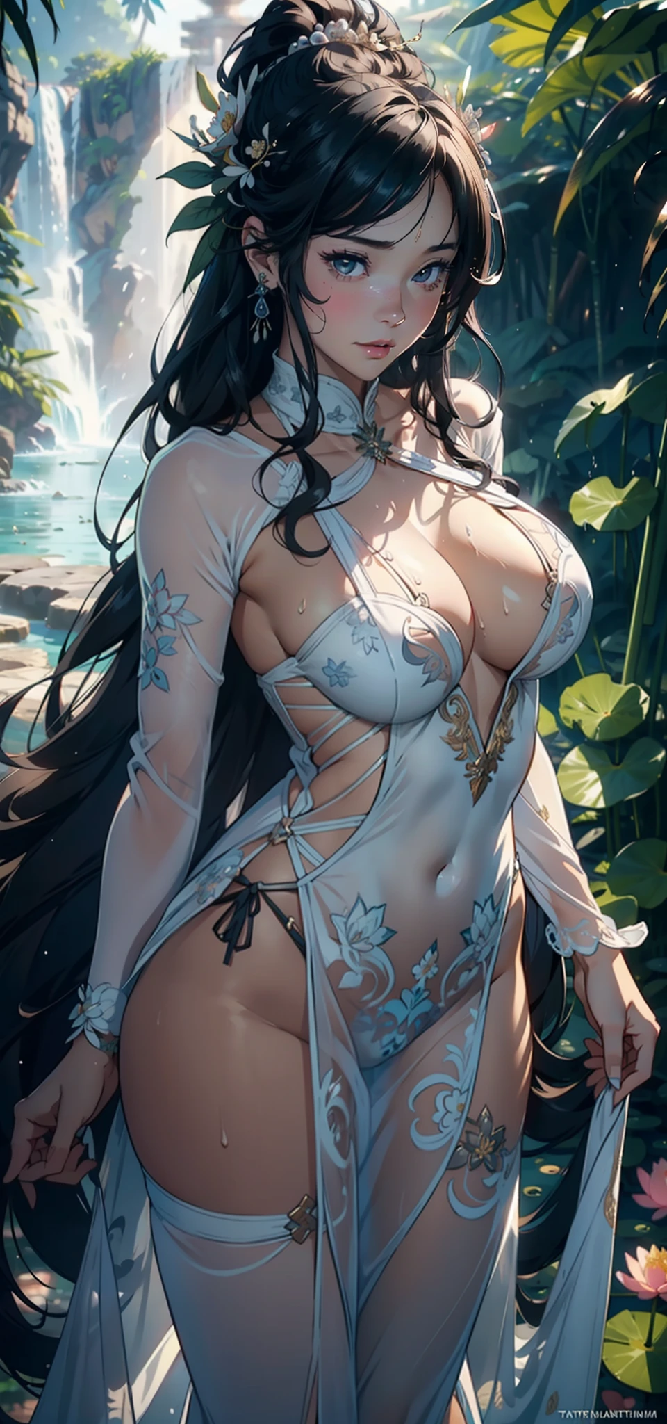 1female，熟妇，huge-breasted ，Pornographic exposure， 独奏，（Background with：bamboo forrest，lotuses，lotus flower，exteriors，） with his long black hair，bobo head，Sweat profusely，drenched all over the body，seen from the front， hair straight， mostly cloudy sky，（（（tmasterpiece），（Very detailed CG unity 8K wallpaper），best qualtiy，cinmatic lighting，detailed back ground，beatiful detailed eyes，Bright pupils，Black eyes，（Very fine and beautiful），（Beautiful and detailed eye description），ultra - detailed，tmasterpiece，）），facing at camera，A high resolution，ultra - detailed），，revealing breasts，Bare genitalia，  Bulge，legs are open，Raised sexy，Camel toes，Flushed complexion，Open-mouthed，frontage，White floral headband（Wearing：Transparent princess dress，，Filigree embroidery，fullnude，with no underpants）