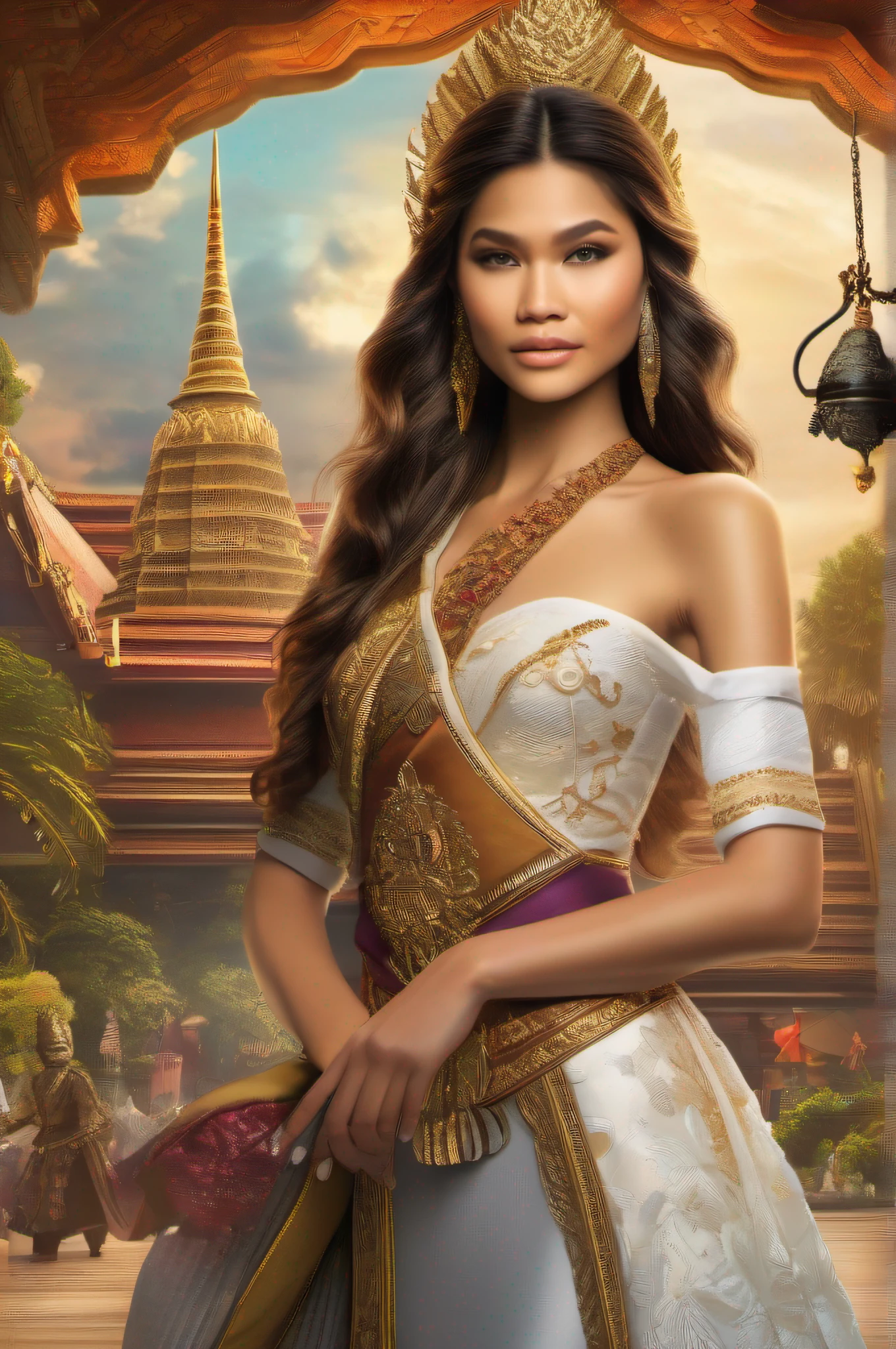 Generate an image depicting the majestic kingdom of Thailand, with towering palaces, bustling markets, and lush landscapes. Show Zendaya, distinguished by her valor and kindness, being chosen as the future queen, while Erena's jealousy begins to brew in the background