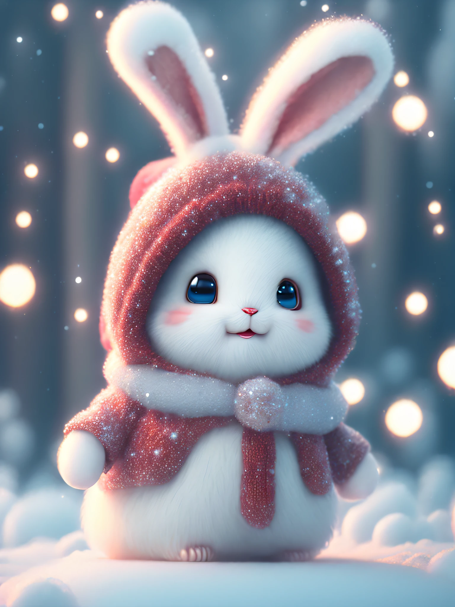 a cute little rabbitsnowwhite fluffy,big bright eyes, sweet smile,sweet smile,sweet smile,dressed as a fashion goddess, wearing an red sweater, hat and handbag, snowwhite fluffy,big bright eyes, bright big eyes,standing, fluffy tail, winter rising, flowers and snow gently fluttering, extremely detailed 3d animation rendering symmetrical center position, super lifelike, super detailed, luxurious, 3, movie lights, super clear details, super transparent materials, closeup, complex texture, octane rendering, zbrush, 8k, super realistic ureal v 4