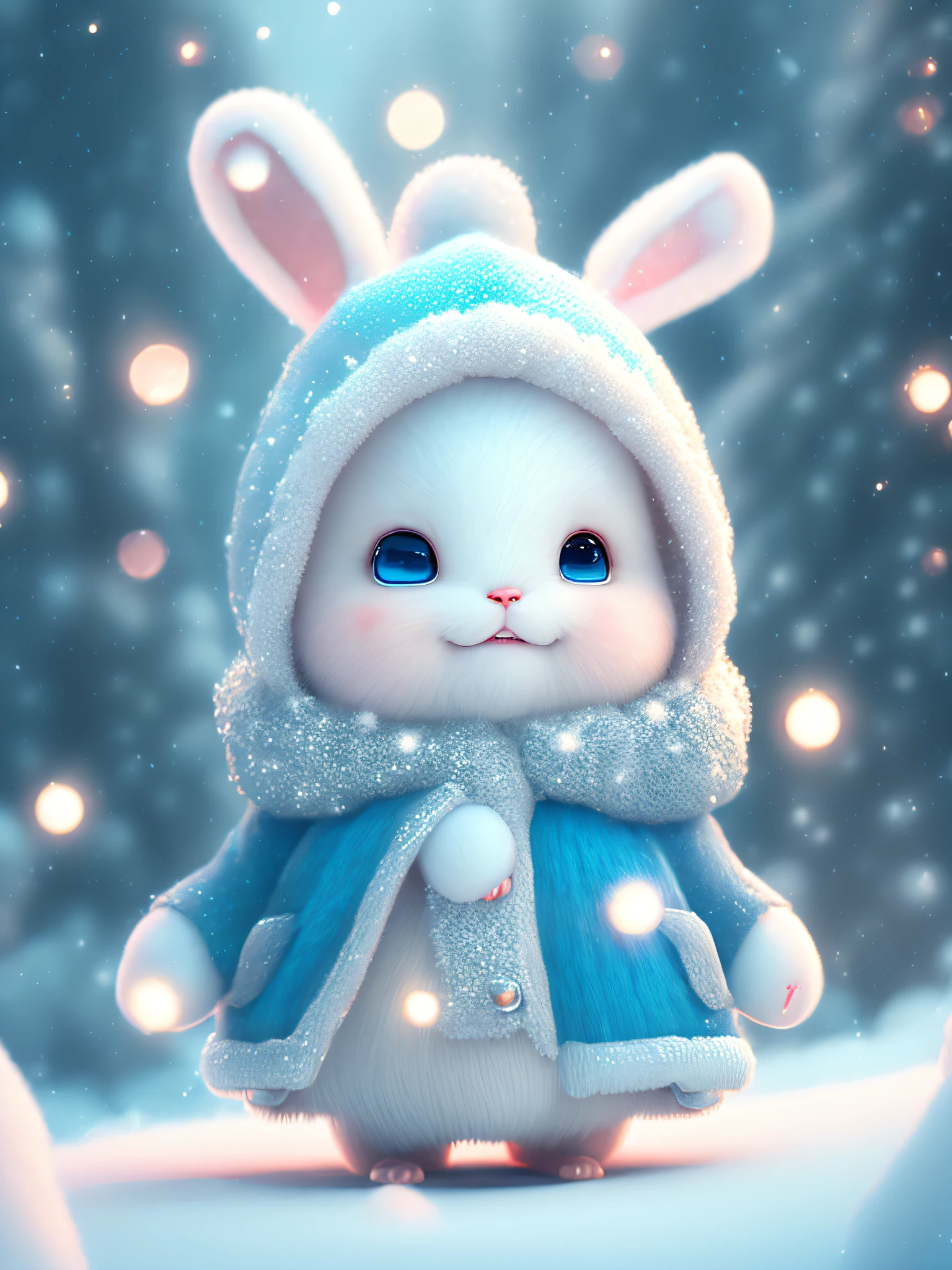 a winter full of regret, drifting snow, a super cute  pixar style white fairy rabbit, shiny snowwhite fluffy, big bright eyes, fluffy tail, wearing a cyan sweater, wearing cyan a hat, smile,delicate and fine, fairy tales, incredibly high detailed, pixar style, bright color , natural light, simple background with pure color,5 and octane render, trending on artstation, gorgeous,ultra wide angle, 8k,hd realistic, 8k hd,mobile pictures, v 4 q 2 2