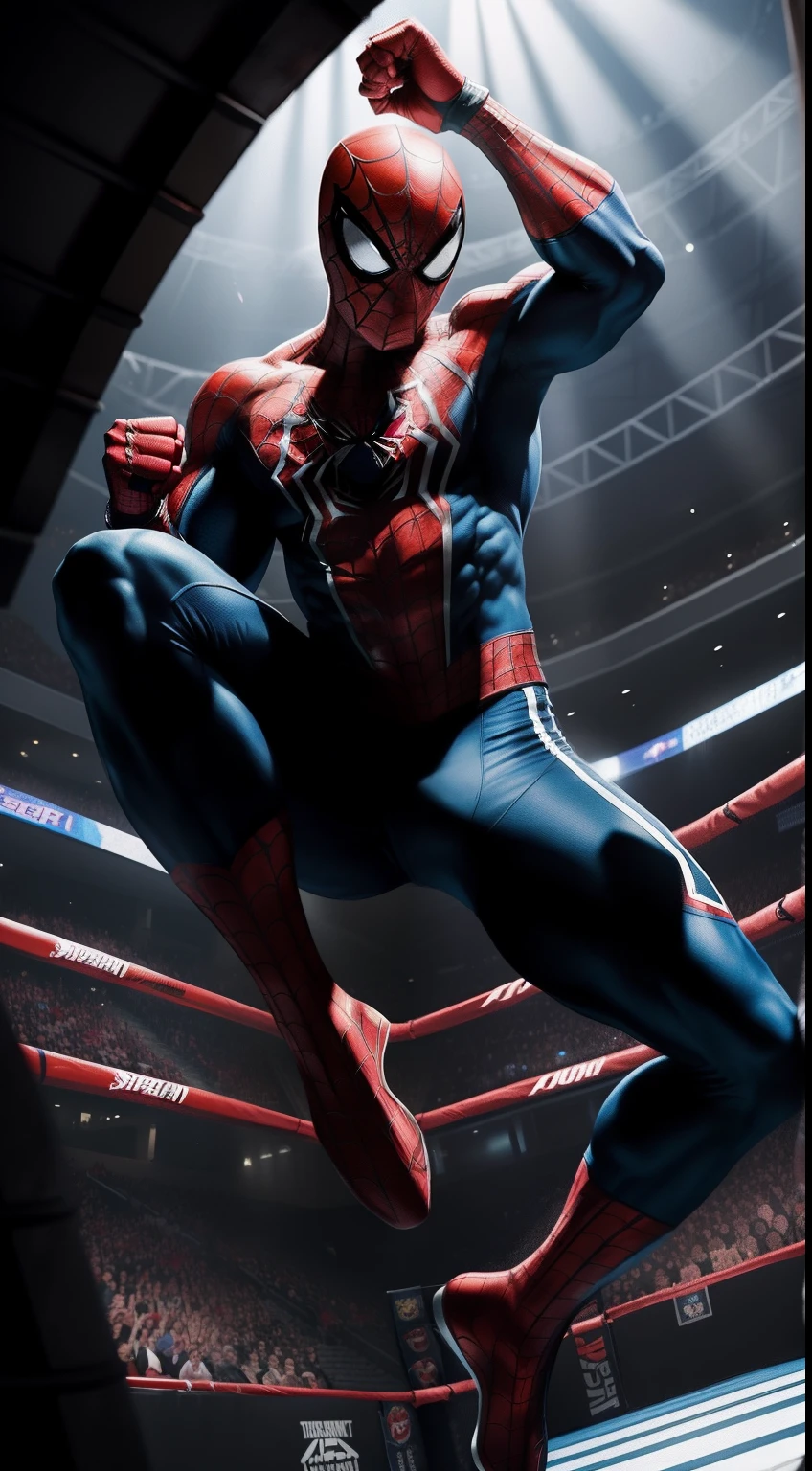 "Spiderman engaged in an intense UFC match against a formidable opponent. The scene is set in an octagon ring with bright stadium lights illuminating the arena. Spiderman is shown in a dynamic mid-air pose, delivering a powerful kick to his opponent's torso. The art style should capture the realism of a professional sports photograph. The lighting should mimic the dramatic atmosphere of a live UFC event with spotlights and shadows. The camera angle should be a low-angle shot from the corner of the octagon, using a 35mm lens to highlight the action and energy of the fight."