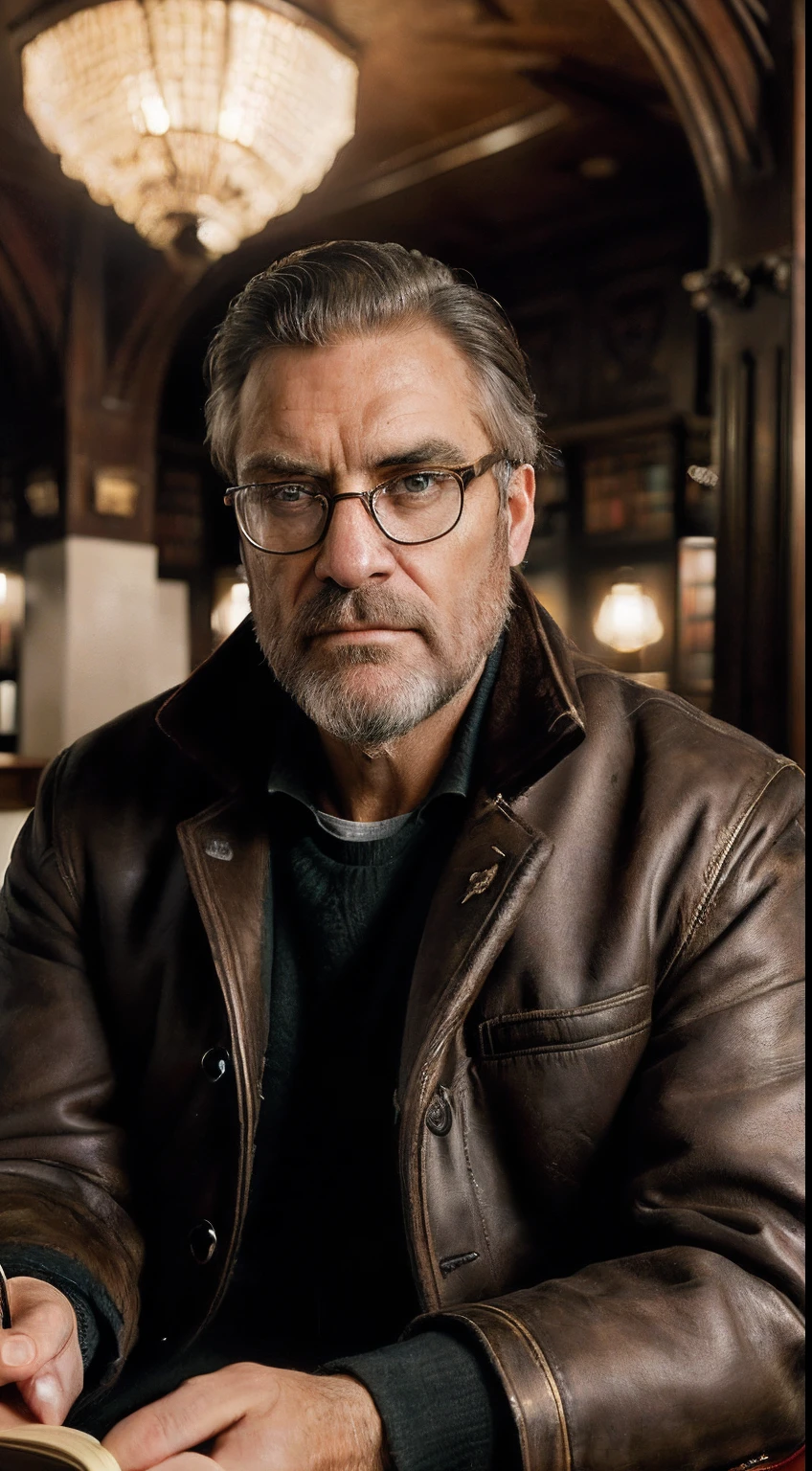 (editorial photograph 9:16 of a working man sitting in his living room in, bearded, calm,confident,look rich,serious doing his reading, 52 years old, brown eyes), (wearing luxury coat, wearing nerd glasses, detailed:1.3), (highly detailed face:1.4), (background inside dark, grumpy, private study libary, antique furniture:1.3), (8k, uhd, DSLR,  high quality, cinematic lighting, bokeh), (dramatic and award-winning photography, amazing masterpiece:1.3) (strong depth of field)show book