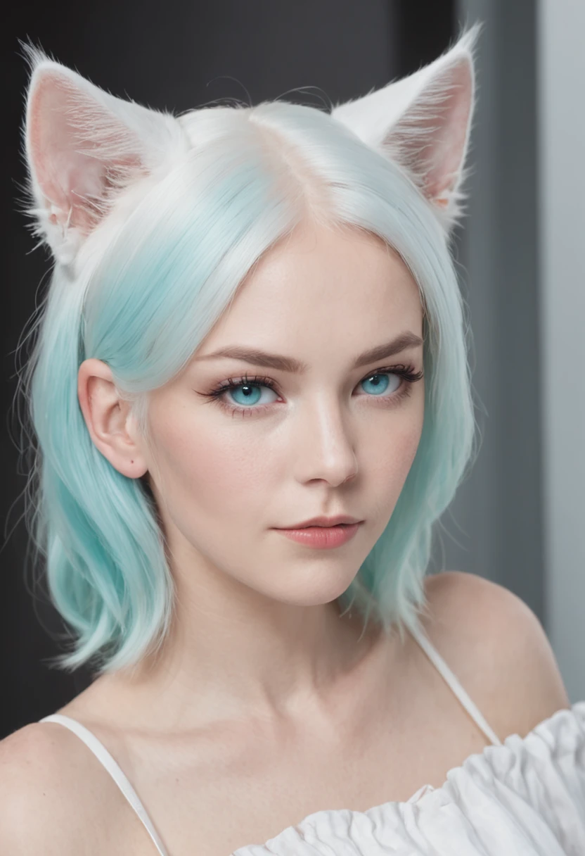 white woman, platinum hair, cyan eyes, cat ears, young