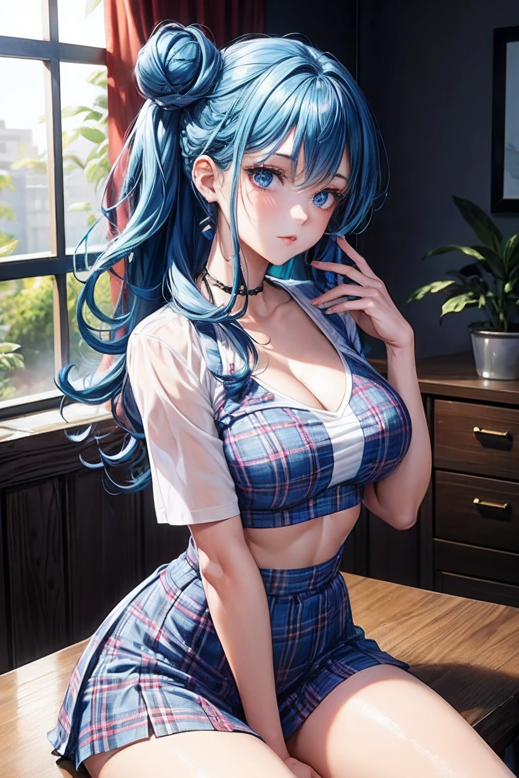 masterpiece, best quality, absurdres, illustration, 8k, perfect shadows,perfect lighting,hdr, ambient lighting,realistic, ultra-realistic, cowboy shot, Photo realistic,(hyperrealistic:1)textured skin,shiny skin,skindentation, beautiful body, (blush:1.2) kaede hozuki, 1girl, blue hair, gyaru, hair between eyes, hair ornament, hair scrunchie, large breasts, multicolored hair, pink eyes, pink hair, side ponytail, sidelocks, two-tone hair, yellow scrunchie (wearing black skirt, cleavage, collarbone, dress shirt, pleated skirt, shirt, polka dot red shirt tucked in, skirt, thigh gap, polka dot red shirt,) ( large breasts,hourglass body, thin waist,very slim waist)extremely detailed face,detailed eye makeup, detail face, nice detailed eyes,nice hands, perfect hands, (realistic pupils,realistic defined body features,toned midriff,skinny waist,thin waist,(abs:0.8),squatting,squat,stretched( spread legs:1.2), arm support, cameltoe, eyes open, eyes closed, printed shirt