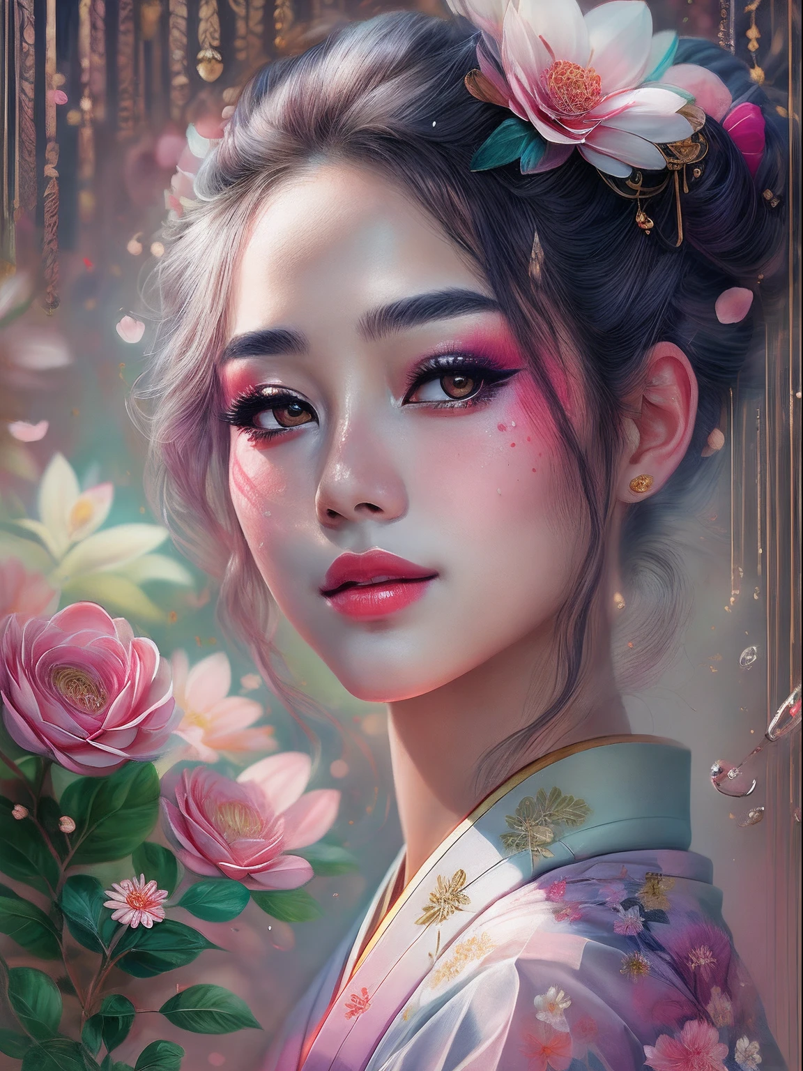 best qualtiy,tmasterpiece,portrait of 1 girl,exquisite facial features,ssmile,light make-up,smudge art,Core pulp(1 Geisha)The drops,Melted,Flower background