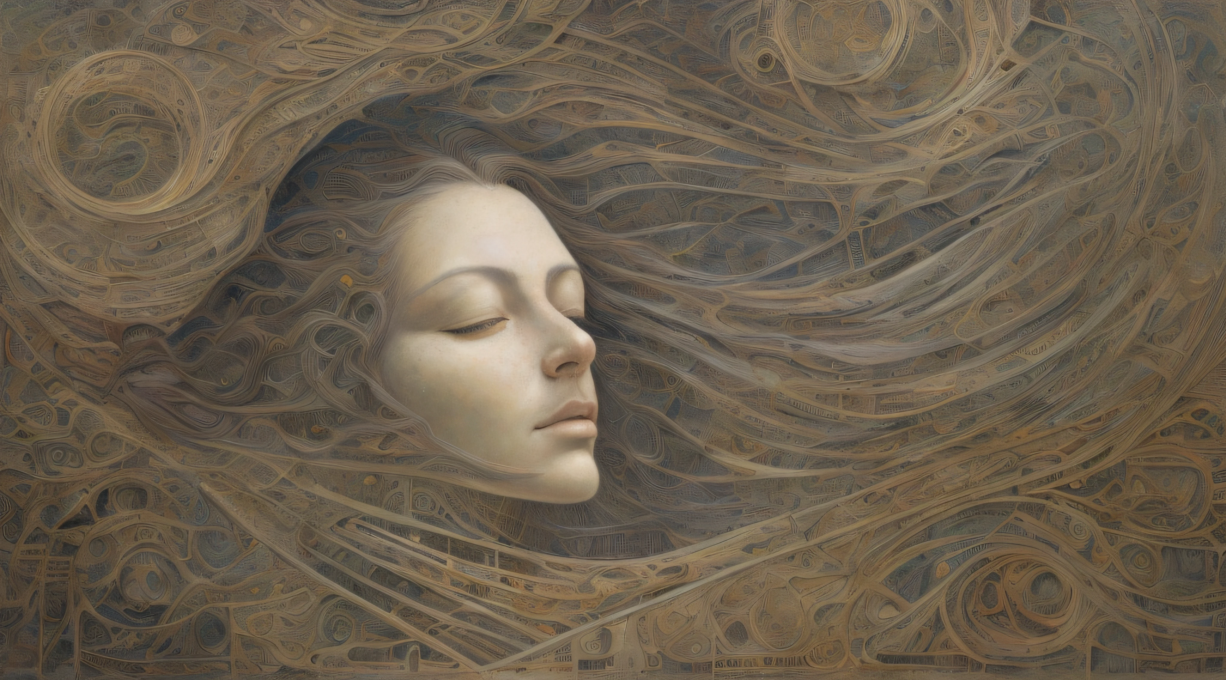 painting of a woman with long hair and a large face, inspired by Peter Gric, by Amanda Sage, dreaming face, by Peter Gric, 3 d goddess portrait, by Cedric Seaut, goddess close-up portrait, by Tomek Setowski, wake initiated lucid dream, inspired by Jan Toorop, by Michael James Smith, hyperrealistic art nouveau