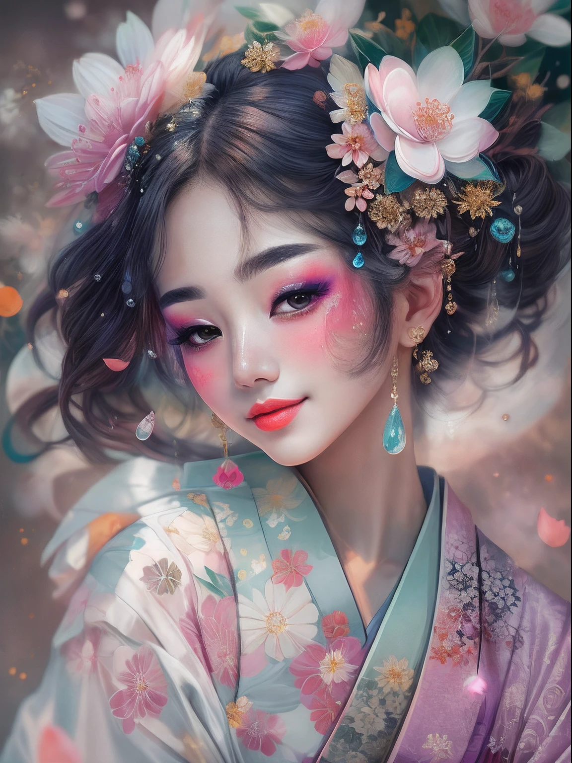 best qualtiy，tmasterpiece，portrait of 1 girl，exquisite facial features，ssmile，light make-up，smudge art，Core pulp（1 Geisha）The drops，Melted，Flower background