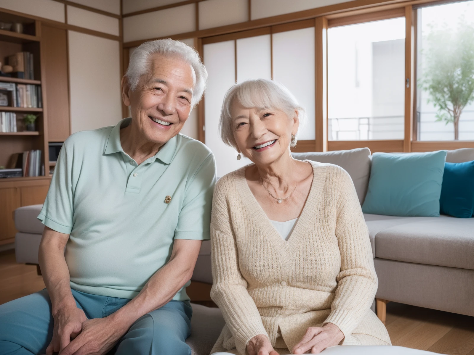 ((Best Quality, in 8K, masutepiece: 1.3)), Smiling woman about 80 years old and her husband,Whitish high-key living room,sofas,modern Japan