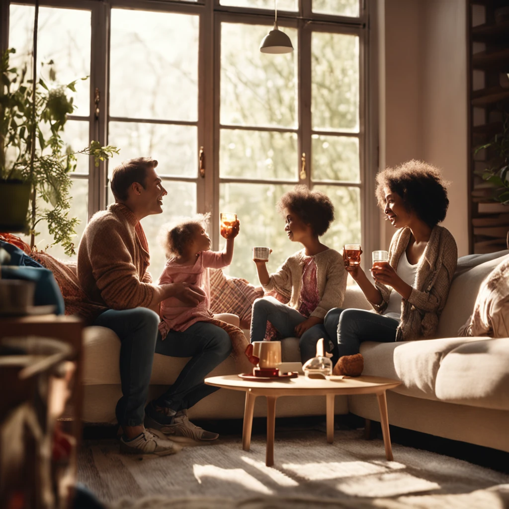 Family of three drinking tea in front of the window of the living room, Gentle light, Bright indoor, modern, cinematic lighting, from side, super detail