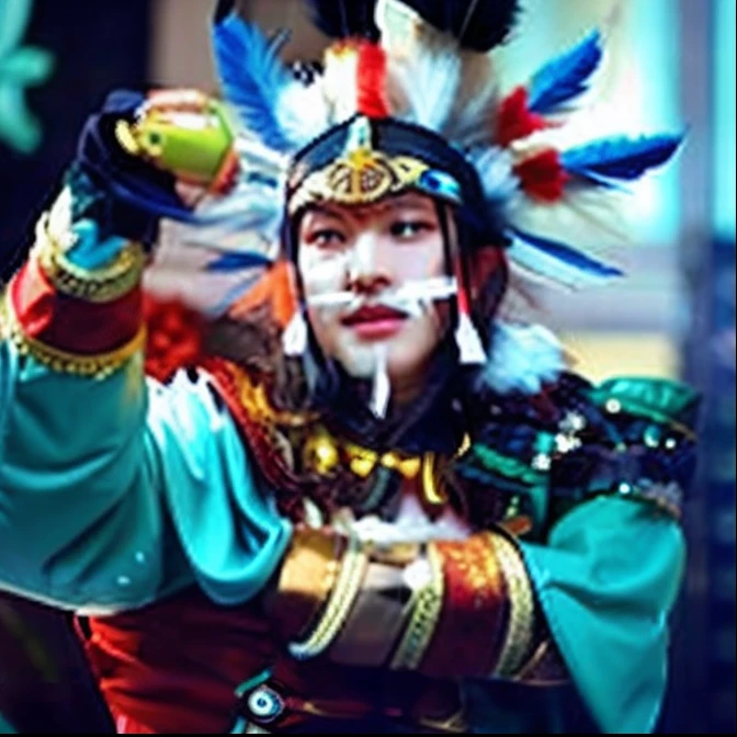Man with feather headdress on head