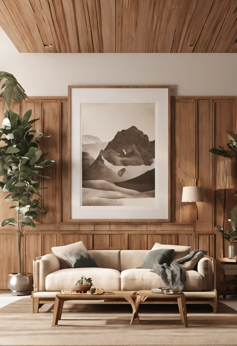 there is a chair and a table in a room,There are photo frames, Wooden wall with frame art, wood panel walls, Rustic wood, placed in a living room, wood accents, wood paneling, vray 8k render, cream - colored room, White wood, hanging scroll on wall, 8k vray render, placed in a large living room