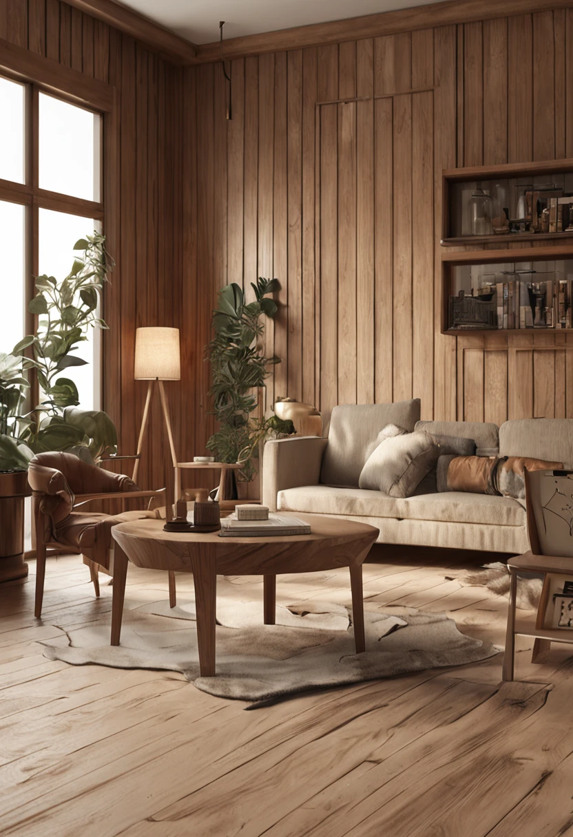 there is a chair and a table in a room,There are photo frames, Wooden wall with frame art, wood panel walls, Rustic wood, placed in a living room, wood accents, wood paneling, vray 8k render, cream - colored room, White wood, hanging scroll on wall, 8k vray render, placed in a large living room
