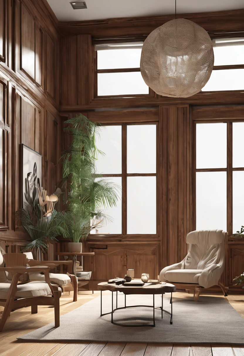 there is a chair and a table in a room，There are photo frames, Wooden wall with frame art, wood panel walls, Rustic wood, placed in a living room, wood accents, wood paneling, vray 8k render, cream - colored room, White wood, hanging scroll on wall, 8k vray render, placed in a large living room