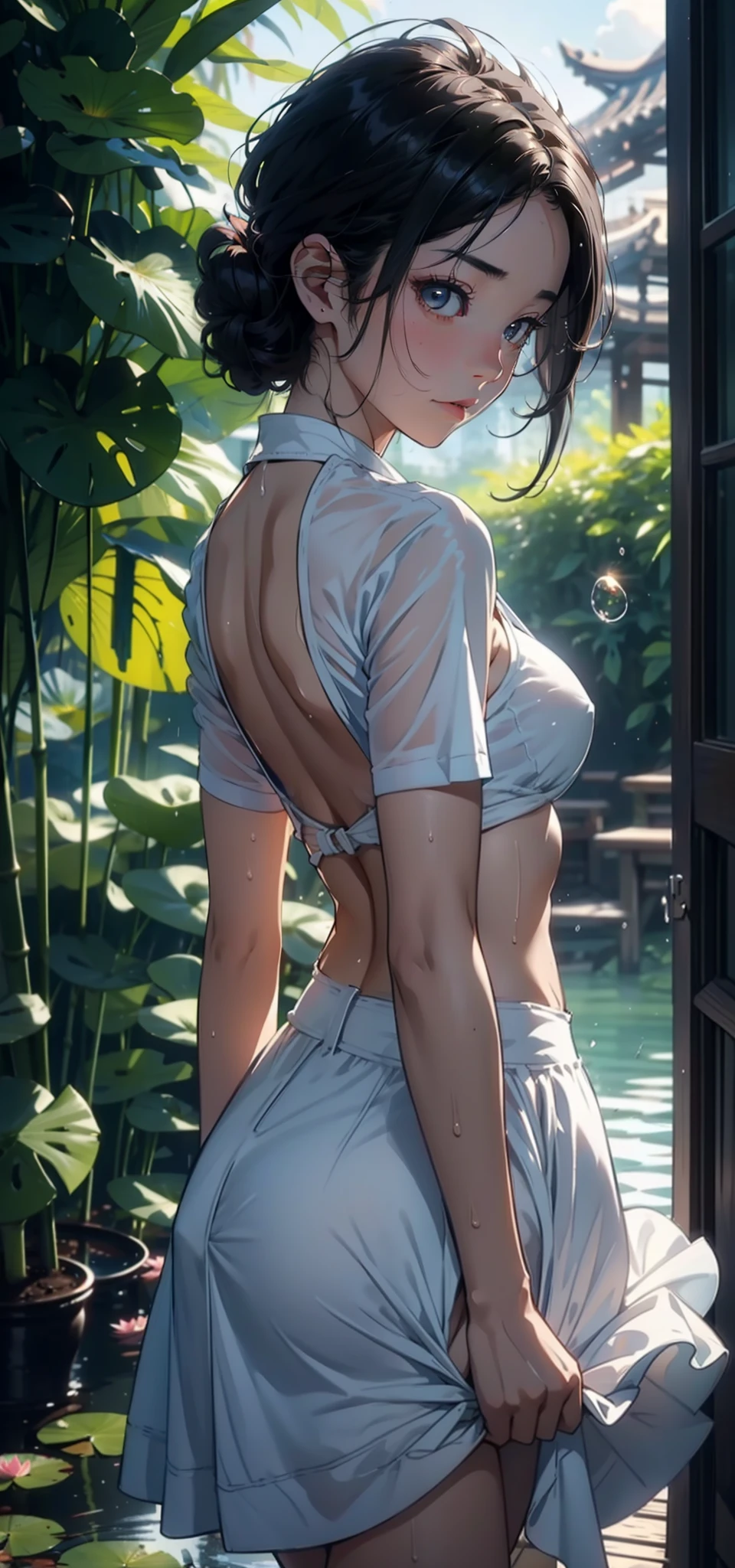 1female,Small loli,Small breasts,独奏,(Background with:bamboo forrest,lotuses,lotus flower,exteriors,Lotus pond) She has short black hair,standing on your feet,Sweat profusely,drenched all over the body,seen from the front, hair straight, mostly cloudy sky,(((tmasterpiece),(Very detailed CG unity 8K wallpaper),best qualtiy,cinmatic lighting,detailed back ground,beatiful detailed eyes,Bright pupils,Black eyes,(Very fine and beautiful),(Beautiful and detailed eye description),ultra - detailed,tmasterpiece,)),facing at camera,A high resolution,ultra - detailed),revealing breasts,Bare genitalia, Bulge,legs are open,Raised sexy,Camel toes,Flushed complexion,Open-mouthed,frontage,elementary student(Wearing:Bubble skirt,nakeness,Bare breasts,Bare lower body)