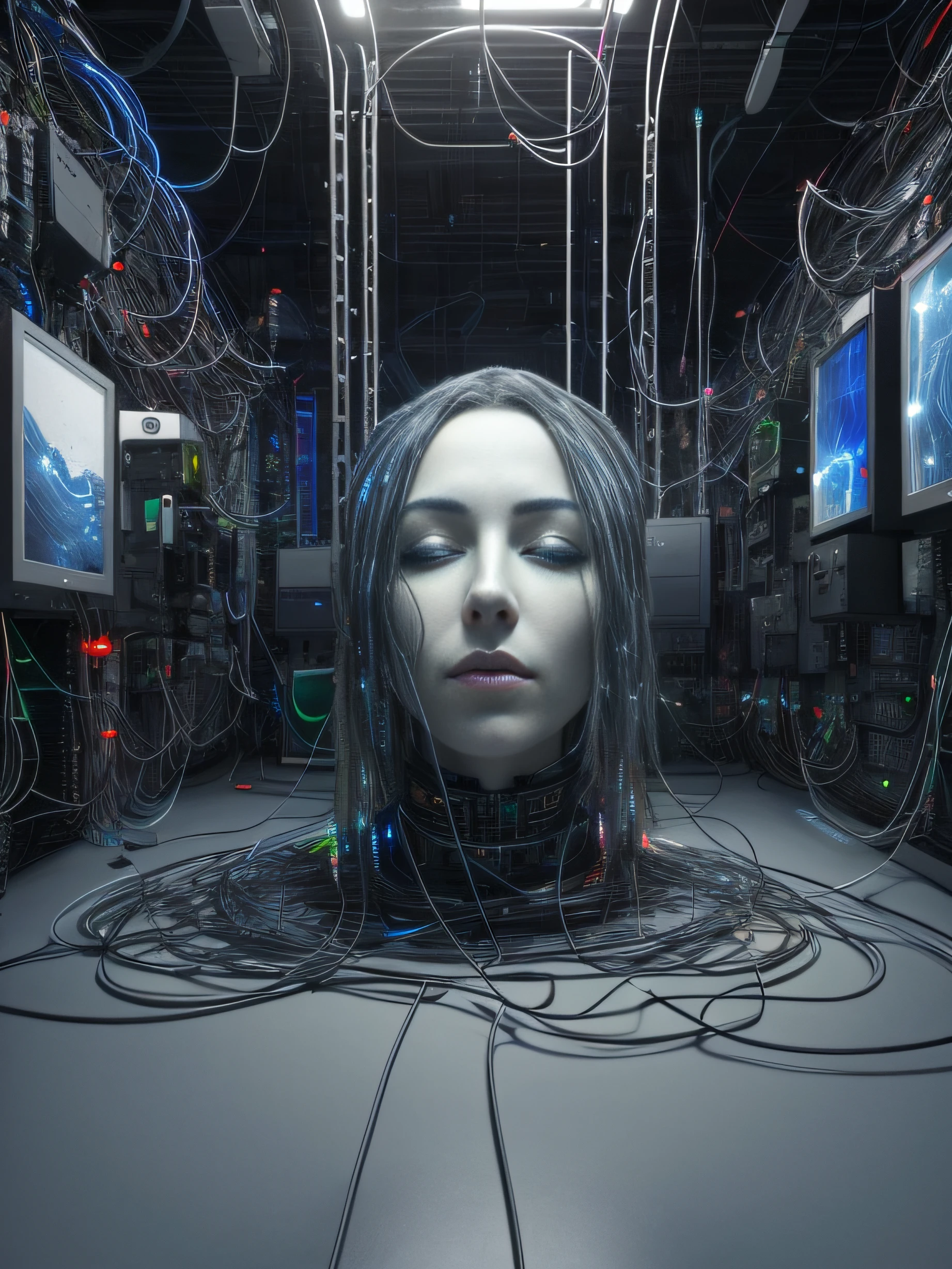 A woman's head surrounded by wires in a room, Cables conectados al cabezal, Cyborg femenino en el centro de datos, Cyborg en el centro de datos, Arte cyberpunk ultrarrealista 8K, Cyber Head, Un cyborg meditando, Ciberespacio surrealista, Cyber installation, intrincado transhumano, Retrato de un artista de IA hambriento, cybernetic machine female face