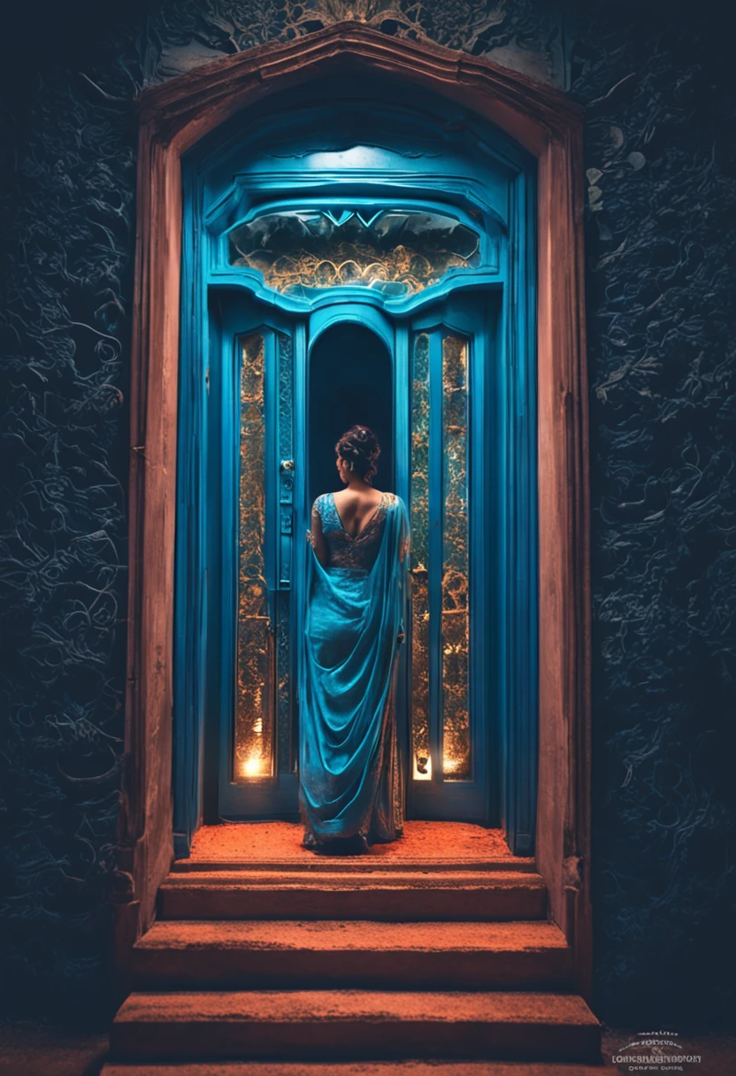 Open a door in ther dimension, Has a blue hue，There was a bride inside the door。