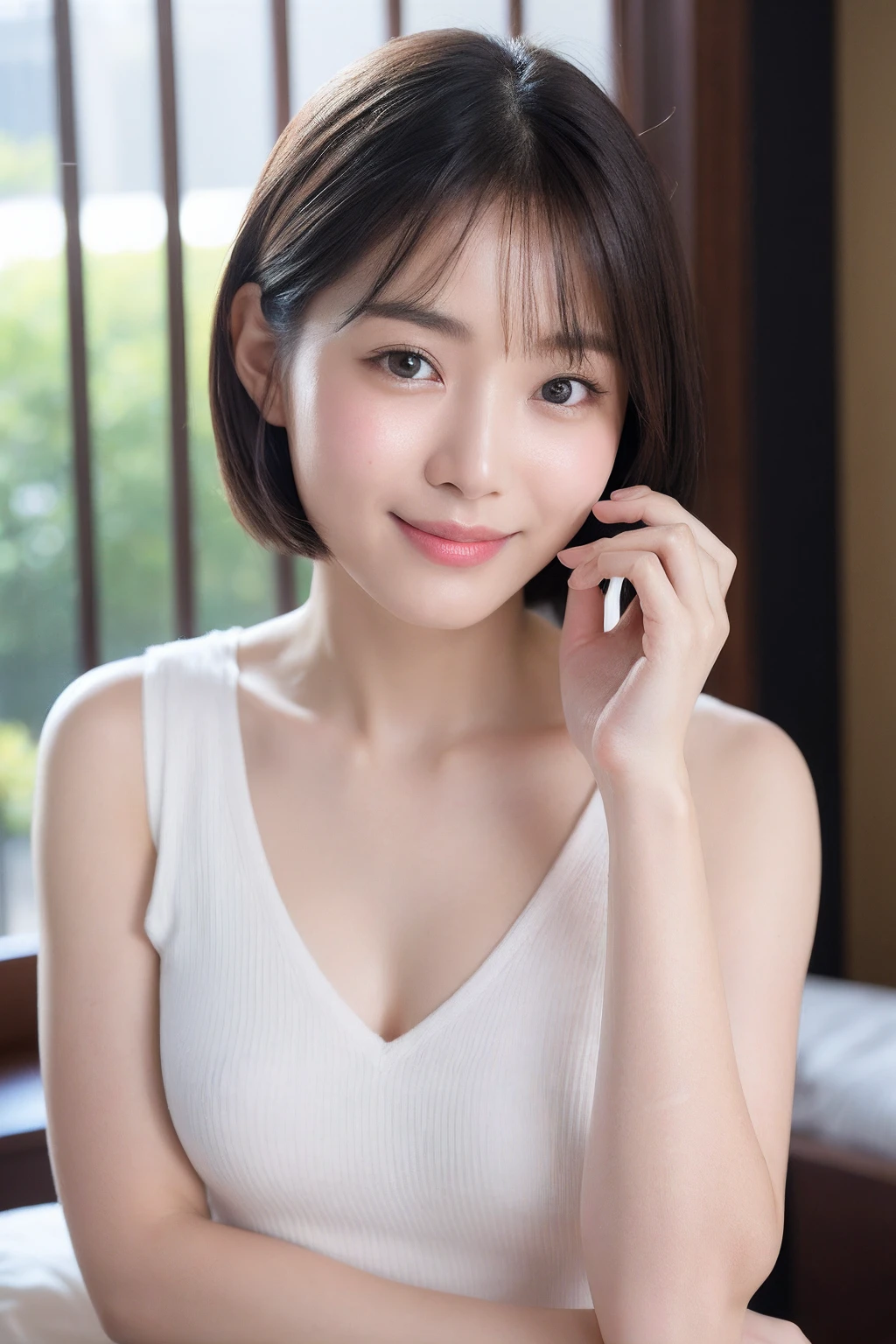 realistic photos of 1 cute Korean star, shoulder-length hair, white skin, thin makeup, 32 inch breasts size, slightly smile, wearing black striped camisole tank top, selfie, in front of mirror, upper body portrait, UHD
