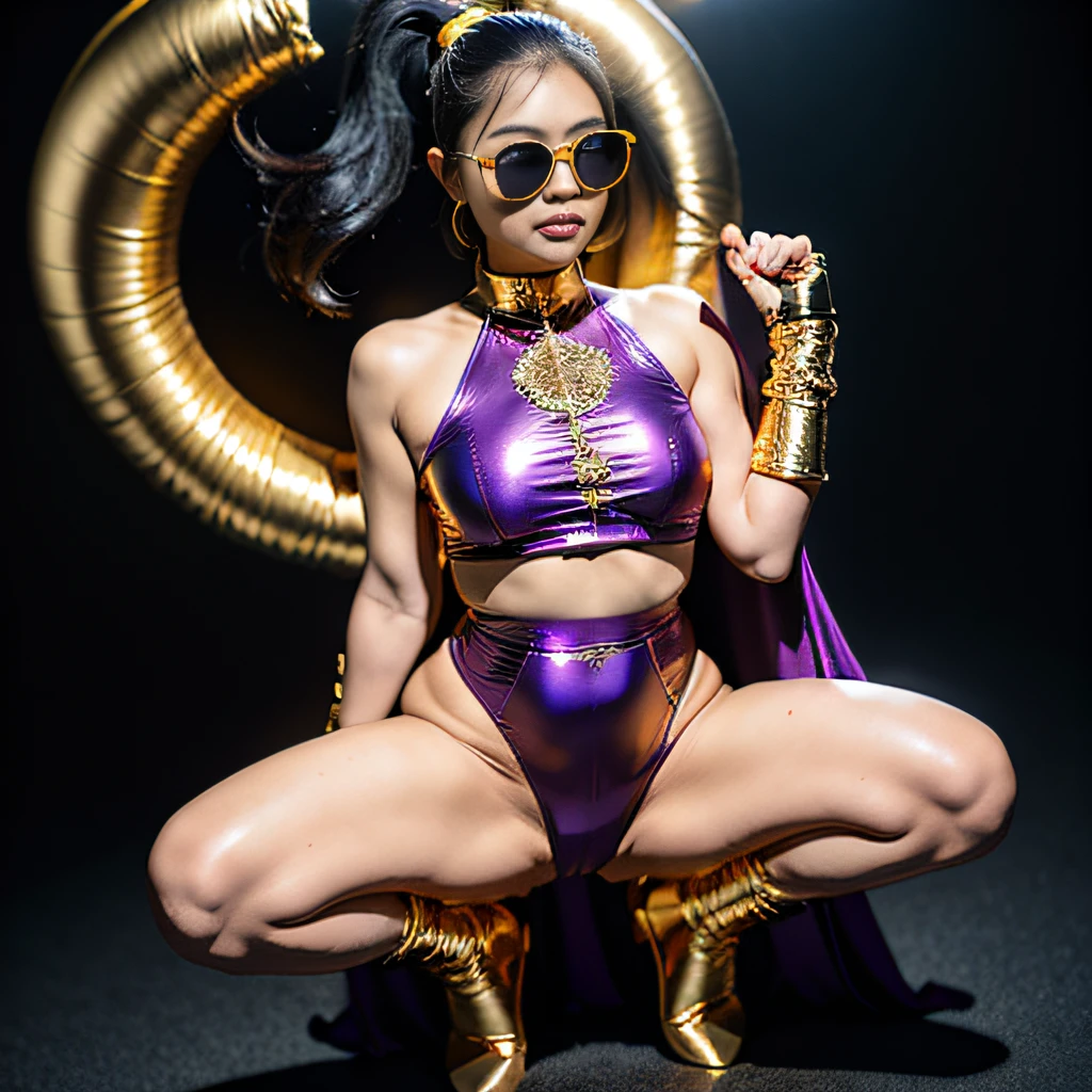 outerspace,32K(tmasterpiece,k hd,hyper HD,32K)Purple-pink double ponytail,Staghorn gold cape fat heroine nine-tailed fox,Fat heroine purple water protection milk giant breasted black goldfish wire mesh leg guard space squat,Wear reflective sunglasses with thick gold wire,Wear boxing gloves,frontage,extremely happy(((Platinum marble sunglasses)))Deep gold sunglasses,side portrait
