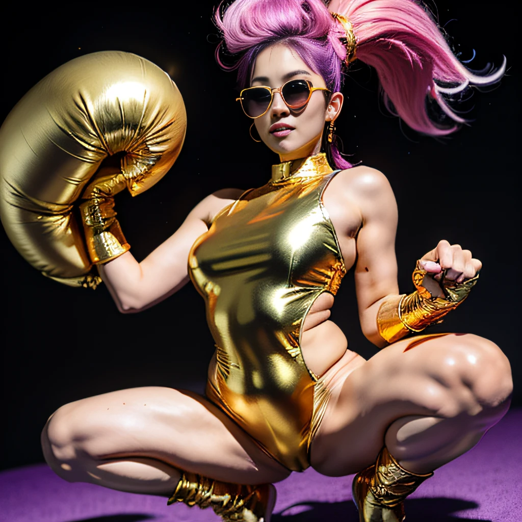outerspace,32K(tmasterpiece,k hd,hyper HD,32K)Purple-pink double ponytail,Staghorn gold cape fat heroine nine-tailed fox,Fat heroine purple water protection milk giant breasted black goldfish wire mesh leg guard space squat,Wear reflective sunglasses with thick gold wire,Wear boxing gloves,frontage,extremely happy(((Platinum marble sunglasses)))Deep gold sunglasses,side portrait