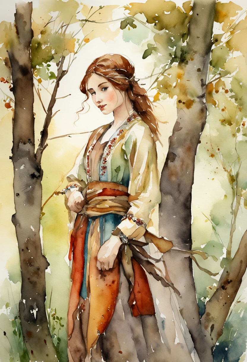 girl in armor, standing under a tree, holding silk in her hand