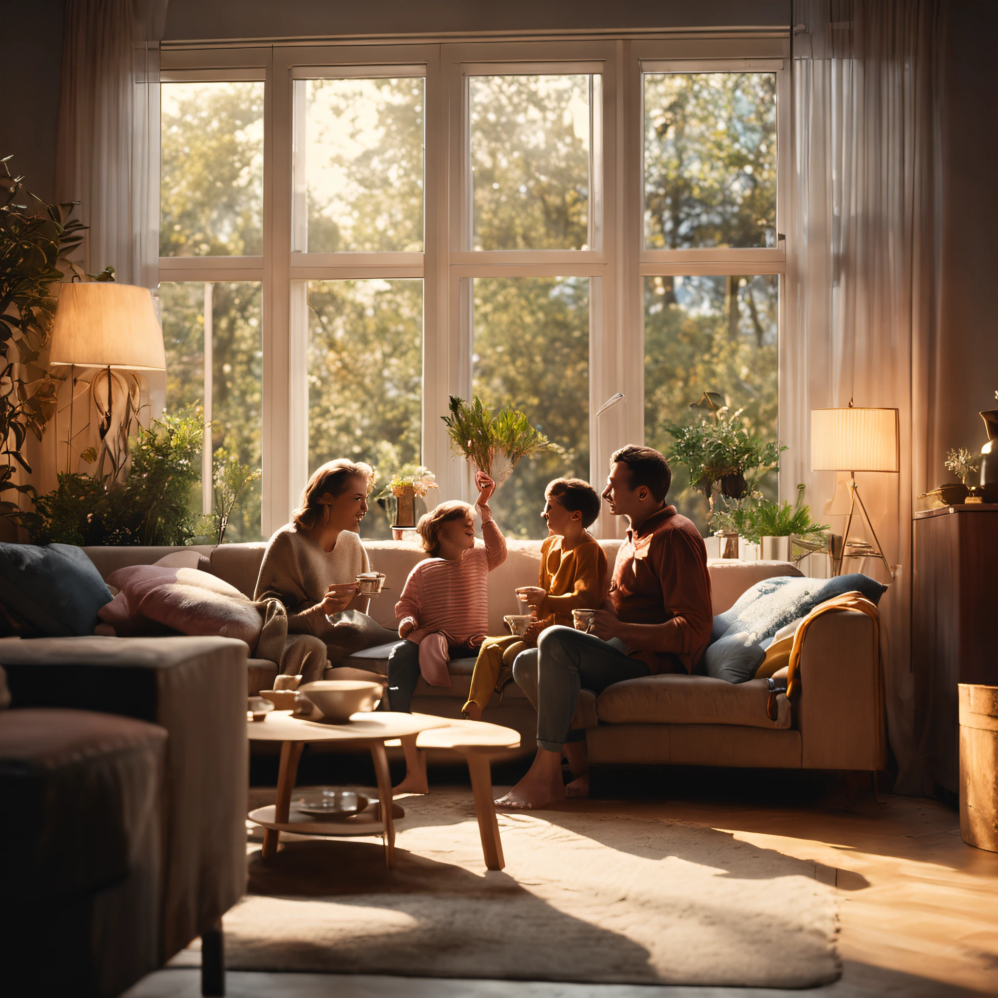 Family of three drinking tea in front of the window of the living room, Gentle light, Bright indoor, modern, cinematic lighting, from side, super detail