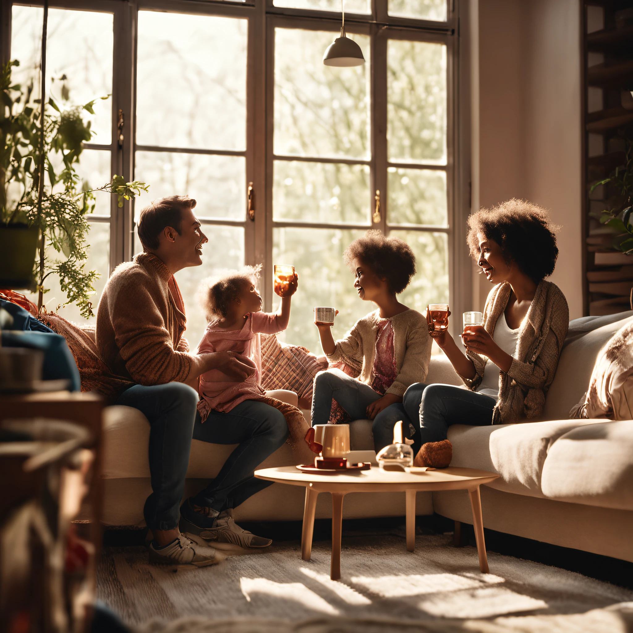 Family of three drinking tea in front of the window of the living room, Gentle light, Bright indoor, modern, cinematic lighting, from side, super detail