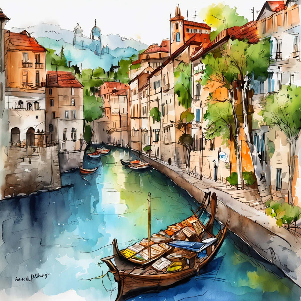 Painting of a boat in a river with buildings and trees - SeaArt AI