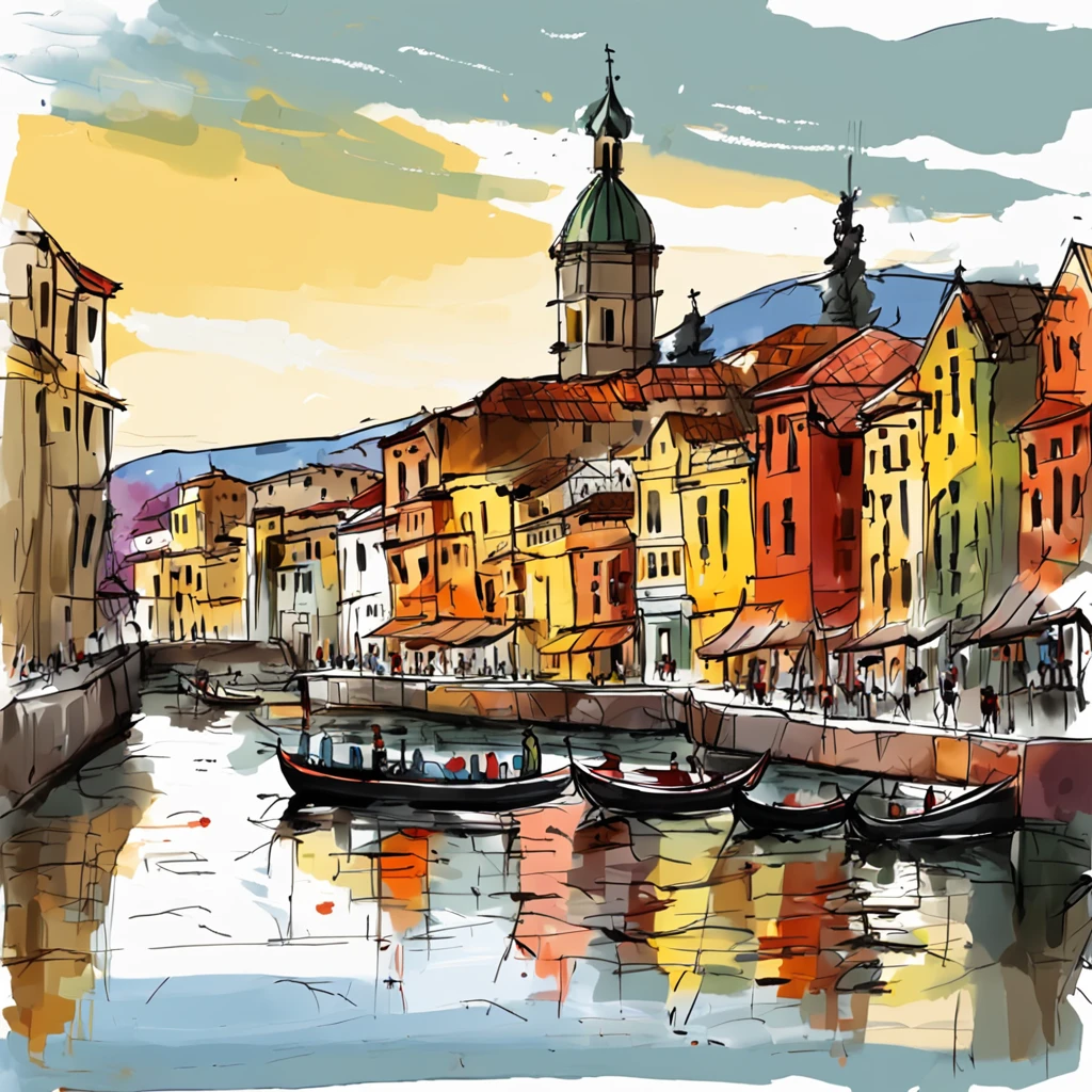 Painting of a city and river, colorful trees alongside the river, old church, bakery, drawn in microsoft paint, sketch of an city n in ms paint, line-drawing, Small boat, thick line drawing, drawn with photoshop, late evening, dark, line-drawing, small boat in foreground, Small boat in the foreground, digital sketch, Drip paint. Perfect color grading. Influence of Karel Appel and Jeremy Mann, Lots of dramatic and threatening scenes, ultra-detailliert, Beautiful, insanely detaileda, Intricate details, Editorial Photography, Shot with a 50mm lens, depth of fields, Tilt Blur, Shutter Speed 1/1000, F/22. Lightmaps, Super bright