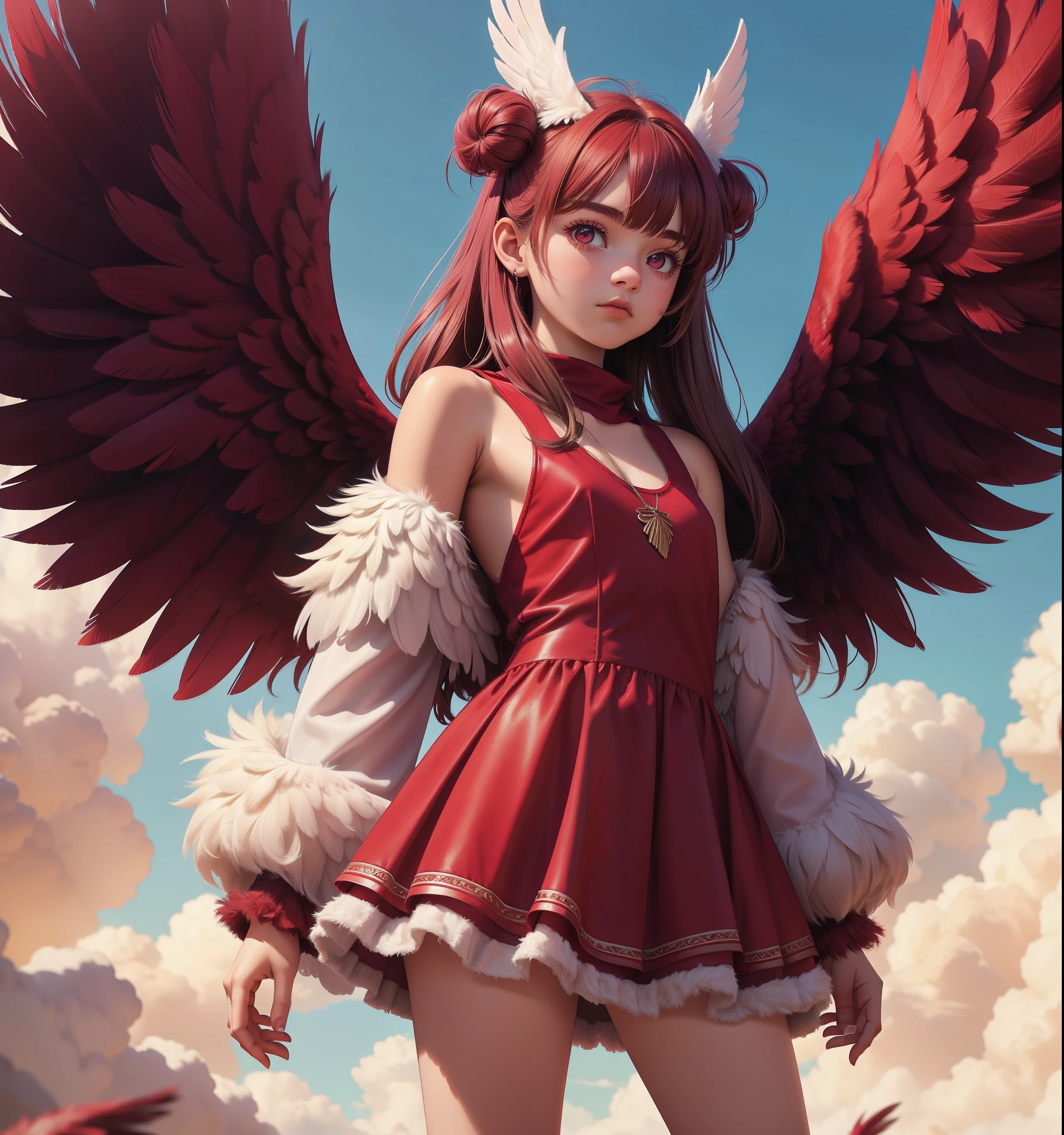 FurryStyle Maroon teen girl wearing a pair of oversized feathered angel wings