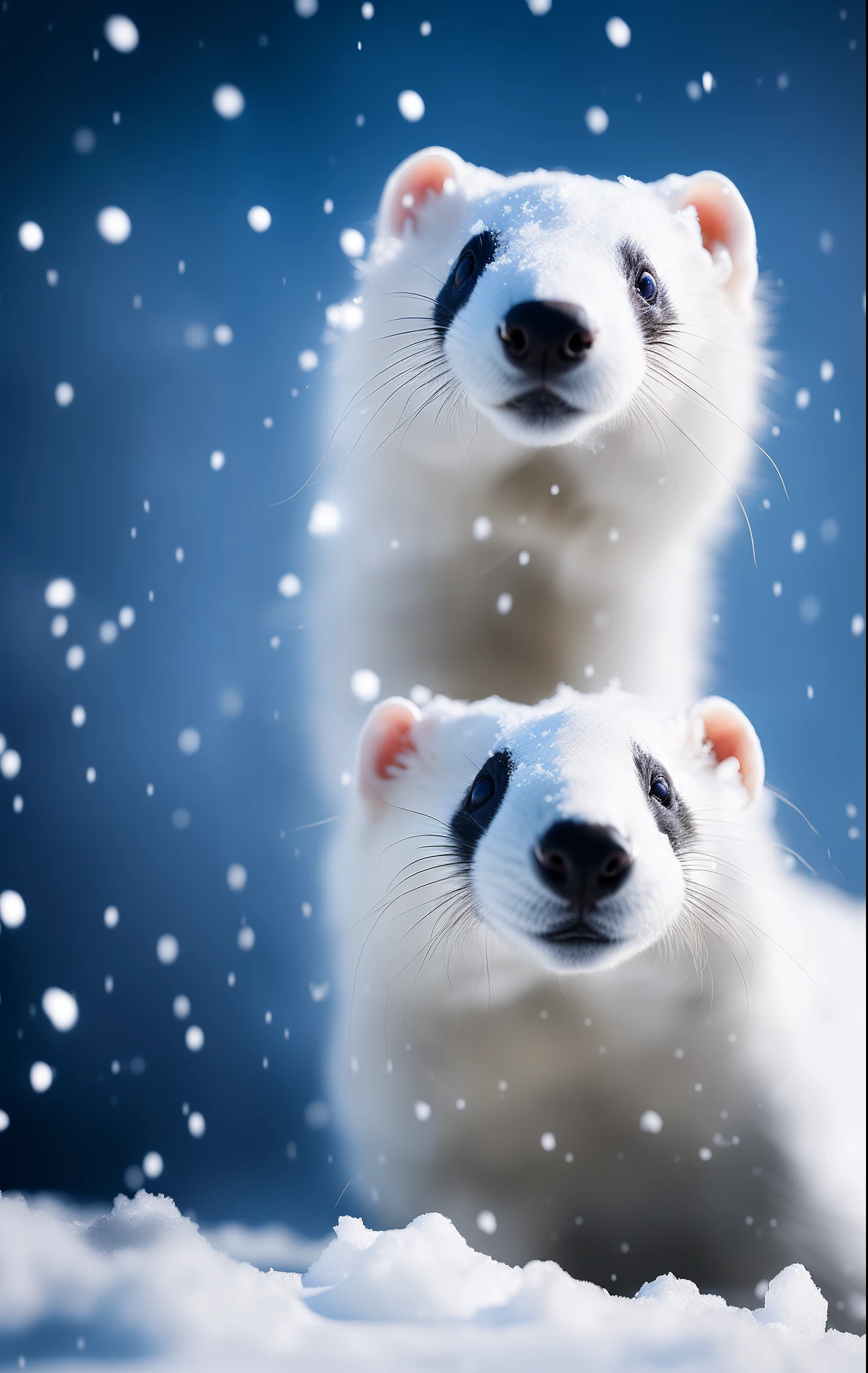 A white ferret stands on the snow,Ferrets looked up at the sky,It's snowing,Snowflakes fall on ferrets, RAW photo, (8K、top-quality、tmasterpiece:1.2)、(intricately details:1.4)、(Photorealsitic:1.4)、Complex 3D Rendering Ultra Detail, vibrant detail, super detailing, Photorealsitic