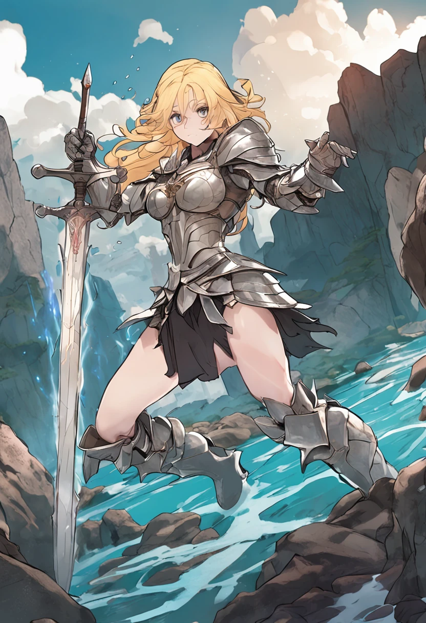 Blonde knight in a lake in a cave in another world、ecchi、Wearing armor、holds a sword