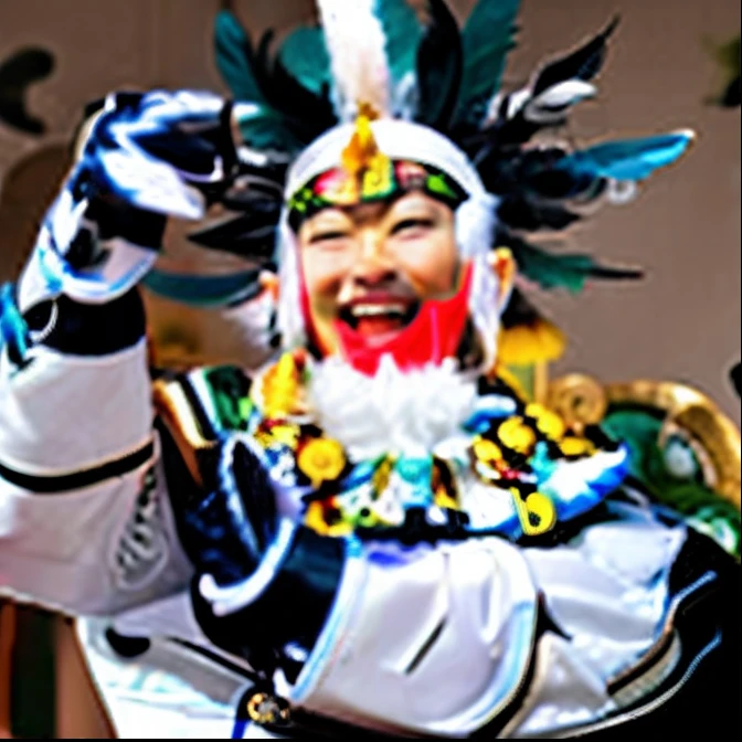 Laughing man with white feather headdress on head