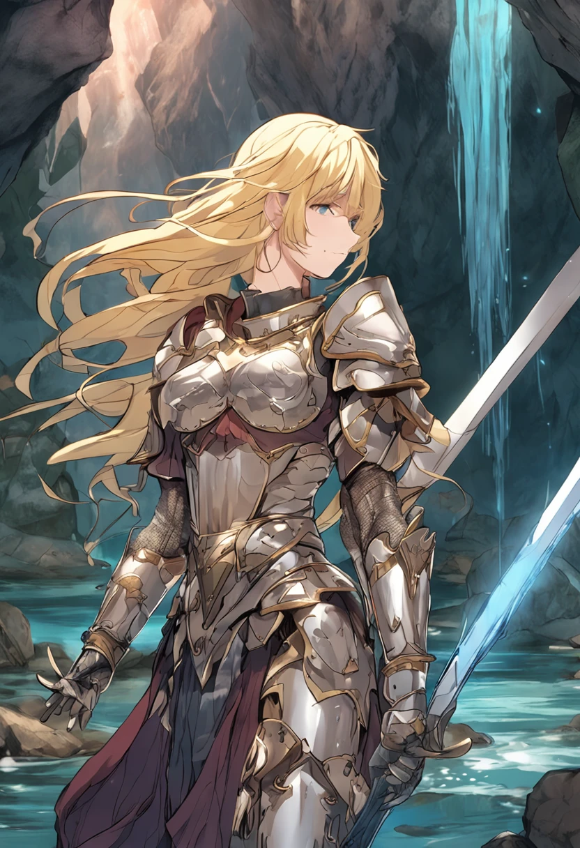 Blonde knight in a lake in a cave in another world、ecchi、Wearing armor、holds a sword