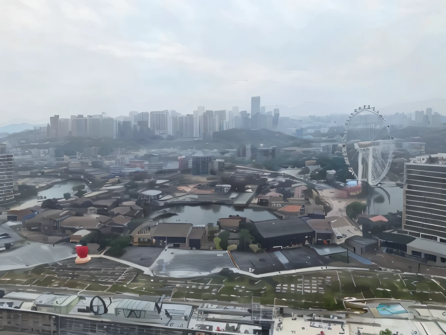 City view with Ferris wheel and Ferris wheel, 8 k''. filling of the view, shot from 5 0 feet distance, entire city in view, shenzhen, view from high, 8 k''. filling most of the view, drone view of a city, drone view, aerial footage, guangjian, Hangzhou, airborne view,The color is bright