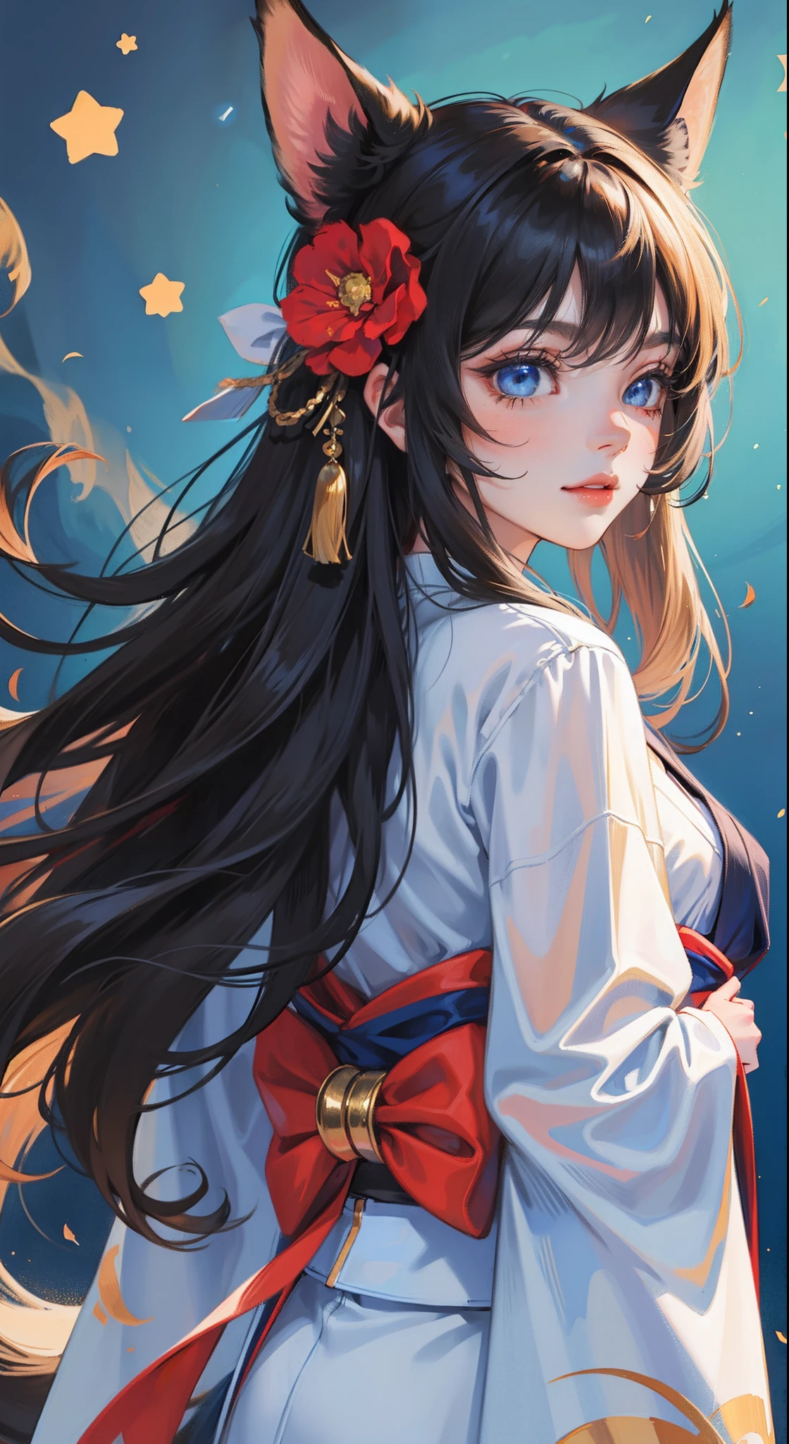 young girl, Long curly black hair, Fox ears, Foxtail, Blue eyes, open kimono, ssmile, Masterpiece, hiquality,Facing away,Turn Back,Blue dot light on the left,