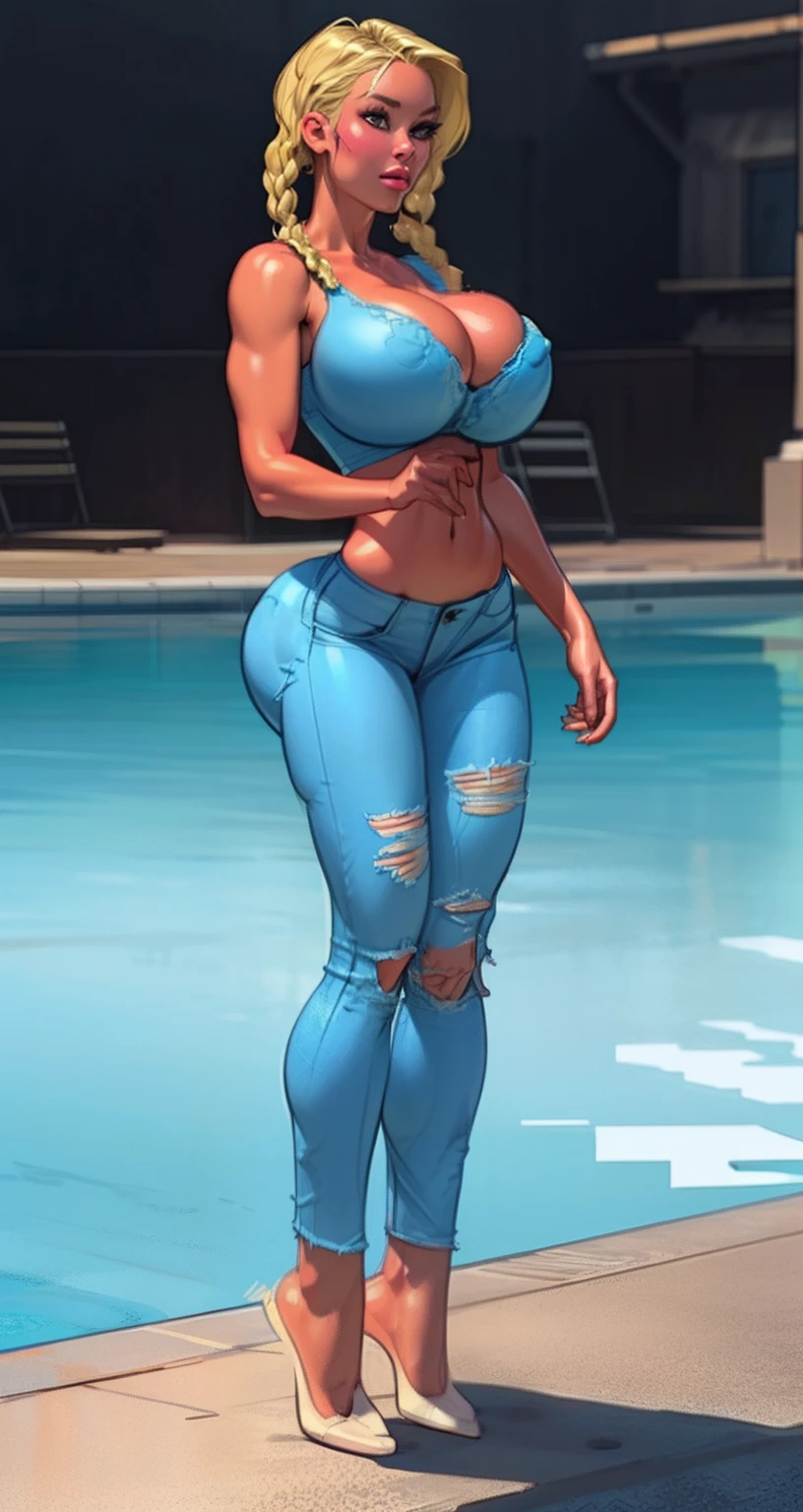 ((full body view)) sexy ((twin braids:1.3)) wearing (tight distressed jeans:1.4)(perfect face), detailed face, (symmetrical eyes), perfect nose, (wears red bra:1.2), (gigantic breasts:1.5) (blonde hair combed to side:1.6)analog style posing against a pool filled with guests, cinematic movie still frame,
