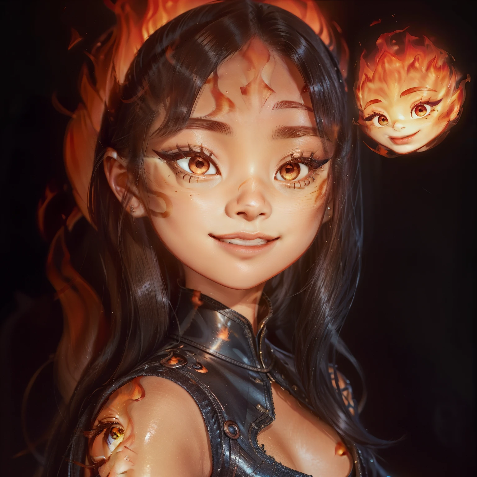 (best quality, masterpiece, detailed face, beautiful detailed eyes), Ember, (girl made of fire:1.6), 1girl, (solo),standing, ((fullbody)), dark background, (editorial photograph of a 21 year old woman), (highly detailed face:1.4) (smile:0.7) nikon d850, film stock photograph ,4 kodak portra 400 ,camera f1.6 lens ,rich colors ,hyper realistic, lifelike texture, dramatic lighting , cinestill 800, Nikon 800mm lens, Tall, feminine, Instagram model, asian, long black hair, petite nose, thin eyebrows, posed, confident, smiling, eyeshadow, eyeliner, contour, foundation, huge breasts, cleavage, glossy, (highly detailed eyes:1) (selfie:0.5)