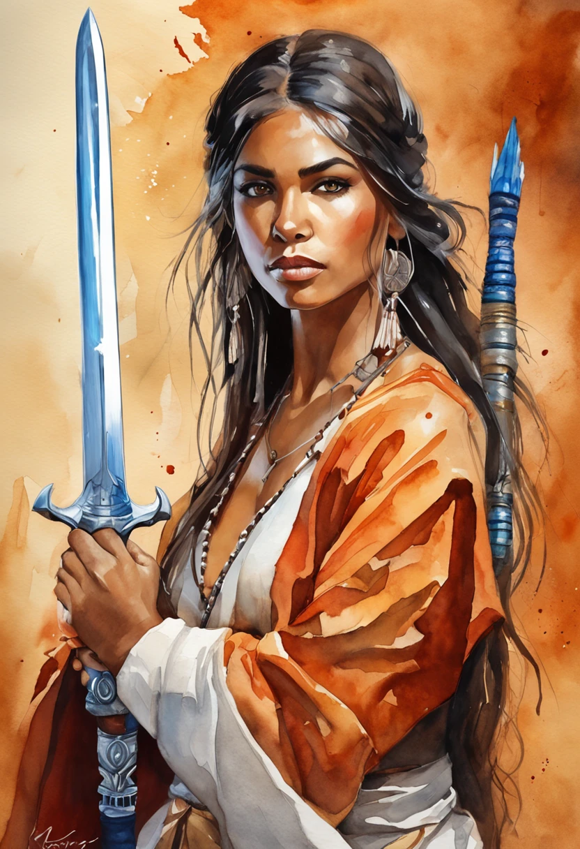 jedi com sabre luz laranja, ultra detailed artistic photography, Beautiful Native American Apache female, com cocar de penas azul e vermelha, luar, fogueira, pena, sonhador, brilhante, retroiluminado, Sombras, liso, Ultra High Definition, 8k, Ultra sharp focus, Fluid clothing, altamente detalhado, vibrante, production cinematic character render, ultra high quality model, jedi, sabre de luz laranja