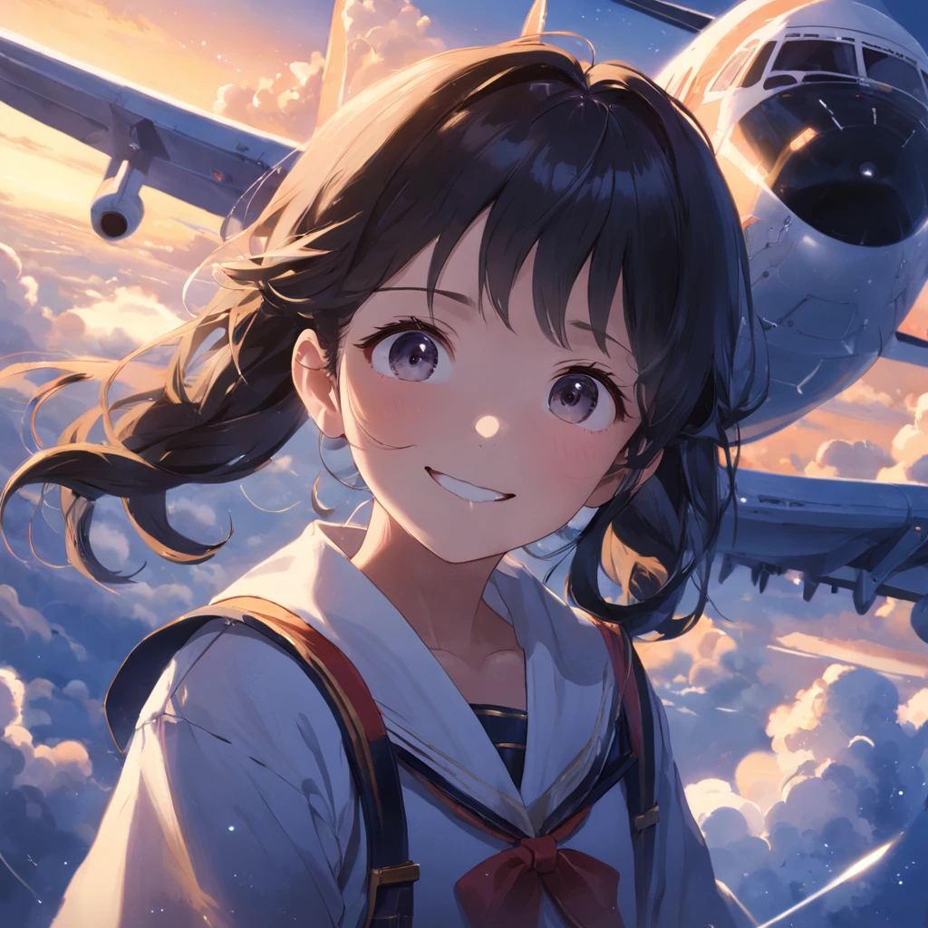 masterpiece、top-quality、Movie stills、1girl、Cloud Girl、Looking up at the airliner、Passenger aircraft、A dark-haired、First grade of elementary school、a smile、a closeup、发光、happiness、Warm soft lighting、(Spark:0.7)