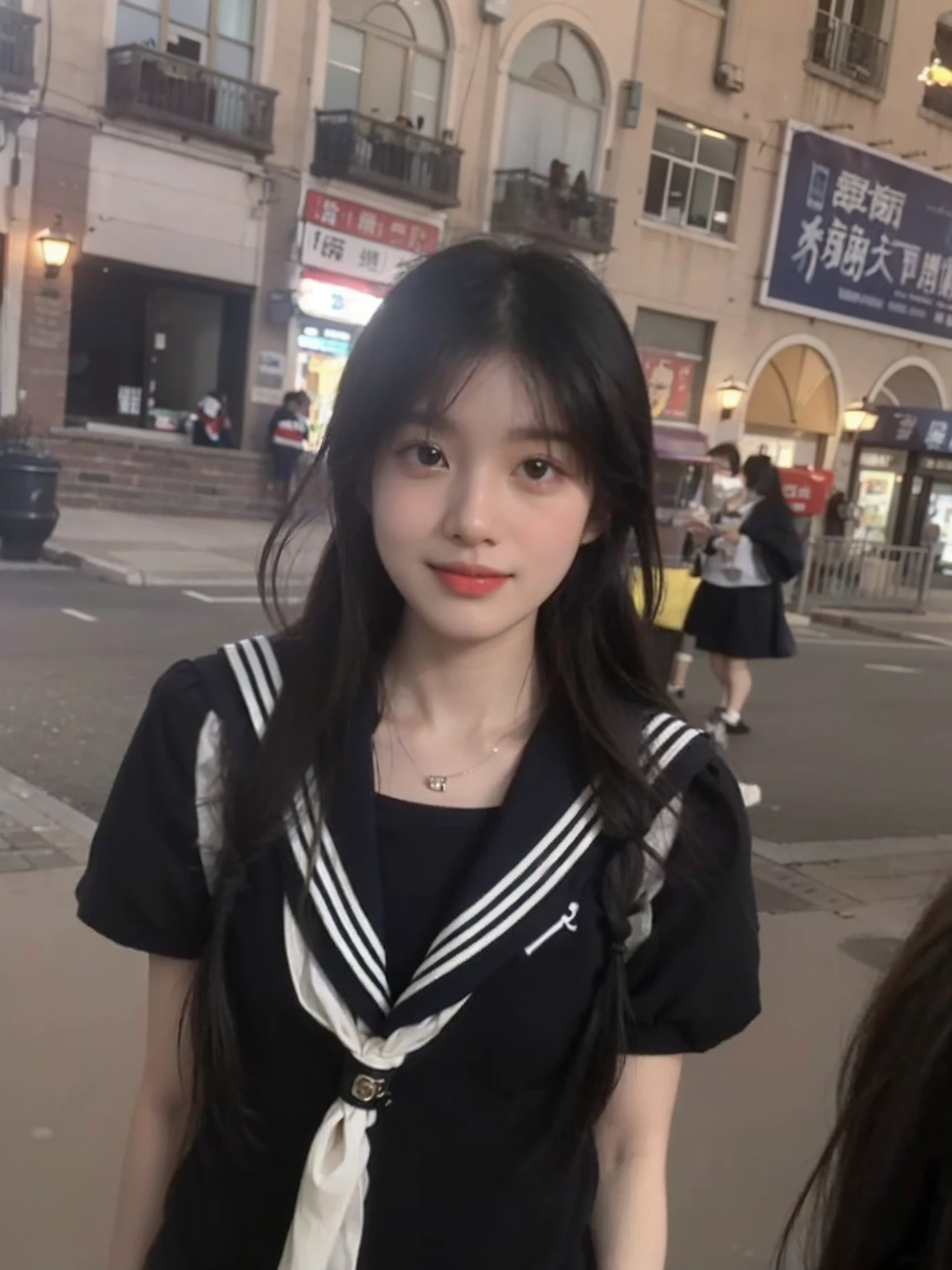 A woman in a sailor's suit stood in the street, She has a cute face, ulzzangs, Ruan cute vtuber, She has black hair，By bangs, very very low quality, xintong chen, she has a cute expressive face, young cute wan asian face, Chinese girl, kanliu666, zmonzheng，ssmile